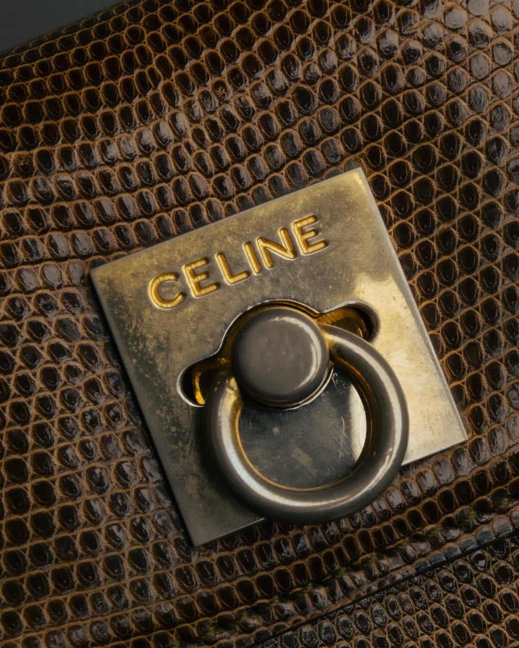 "CELINE" 70's-80's Structured lizard embossed leather top handle handbag
