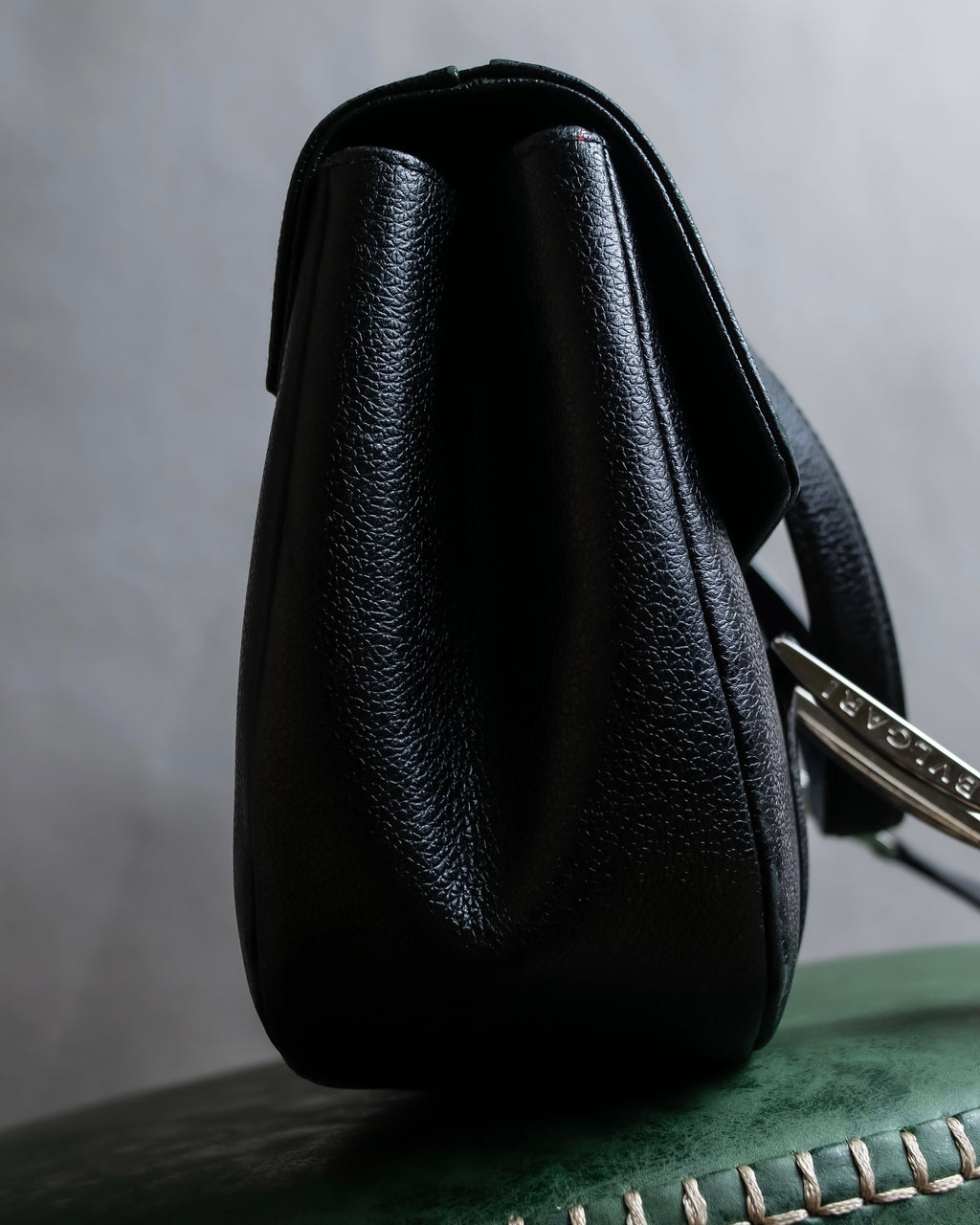 "BVLGARI" Horizontal form engraved logo leather bag