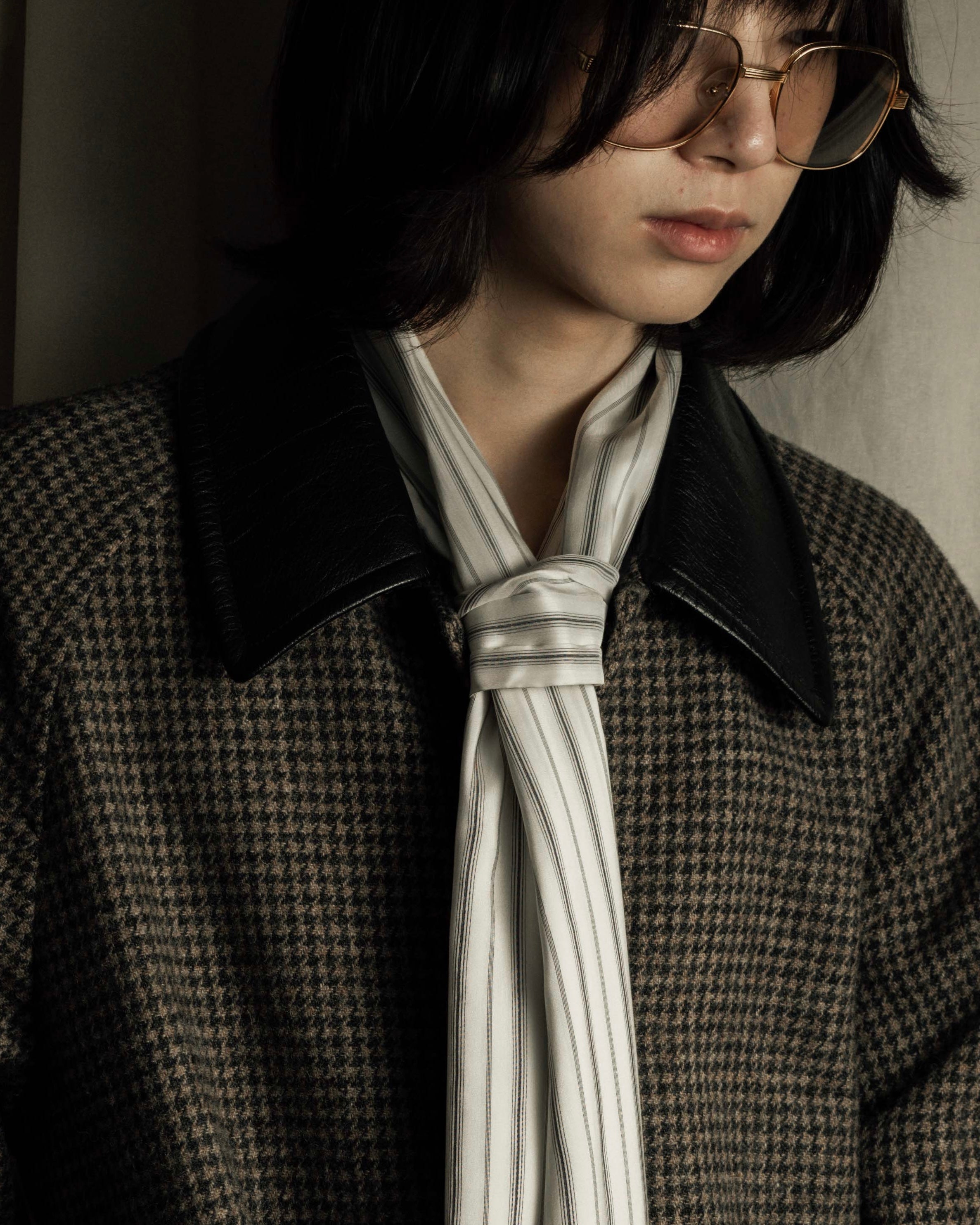"tricot COMME des GARCONS" Leather collar design houndstooth pattern oversized long coat