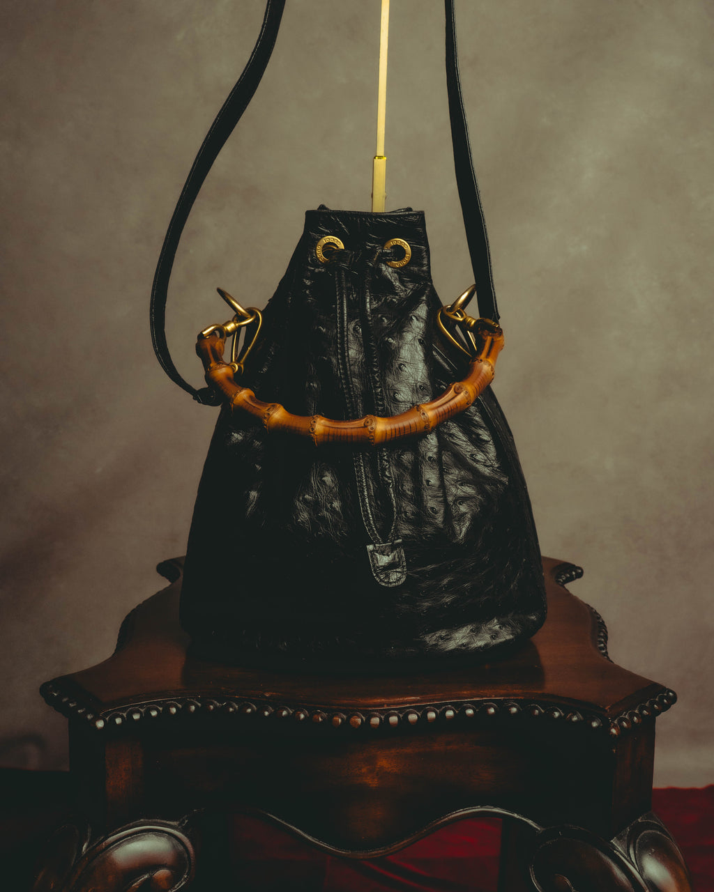 –SPECIAL– "GUCCI" 80's Bamboo handle leather bucket bag