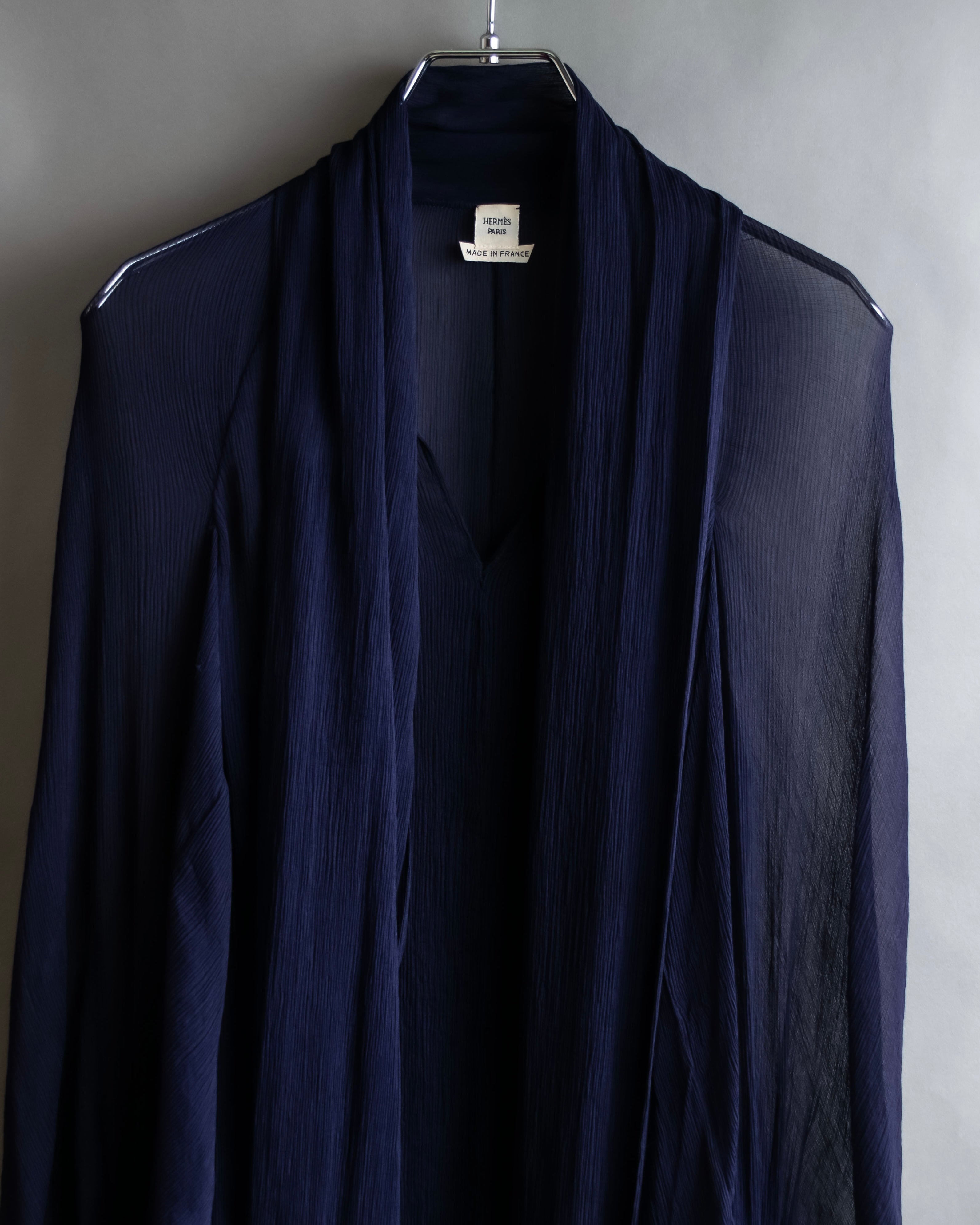 "HERMES" Bowtie detail balloon sleeve sheer pullover