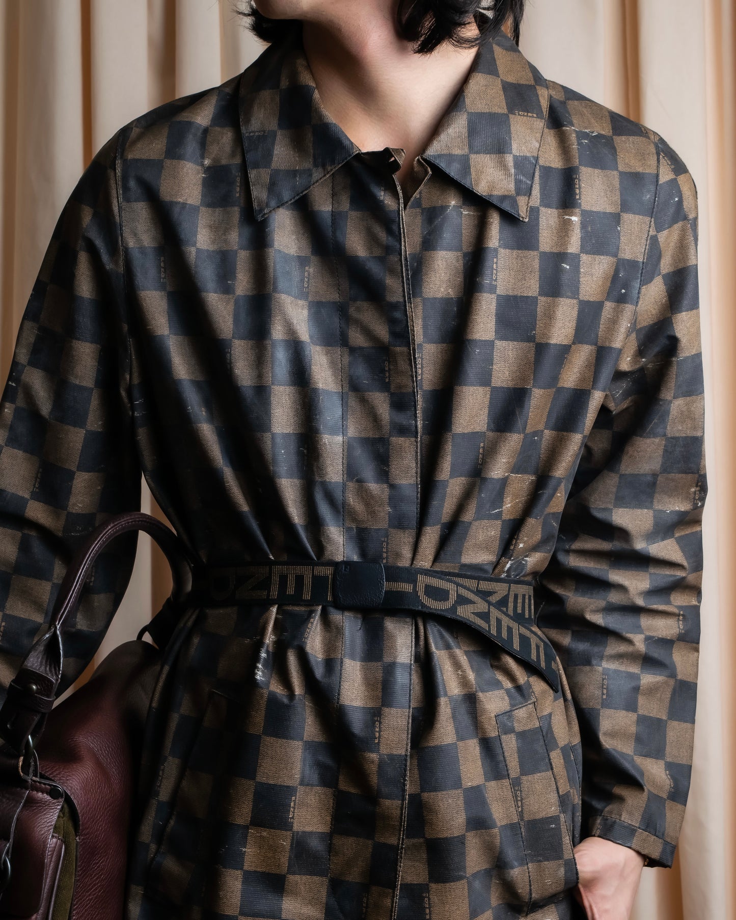 "FENDI" Pecan checkered belted mid length coat