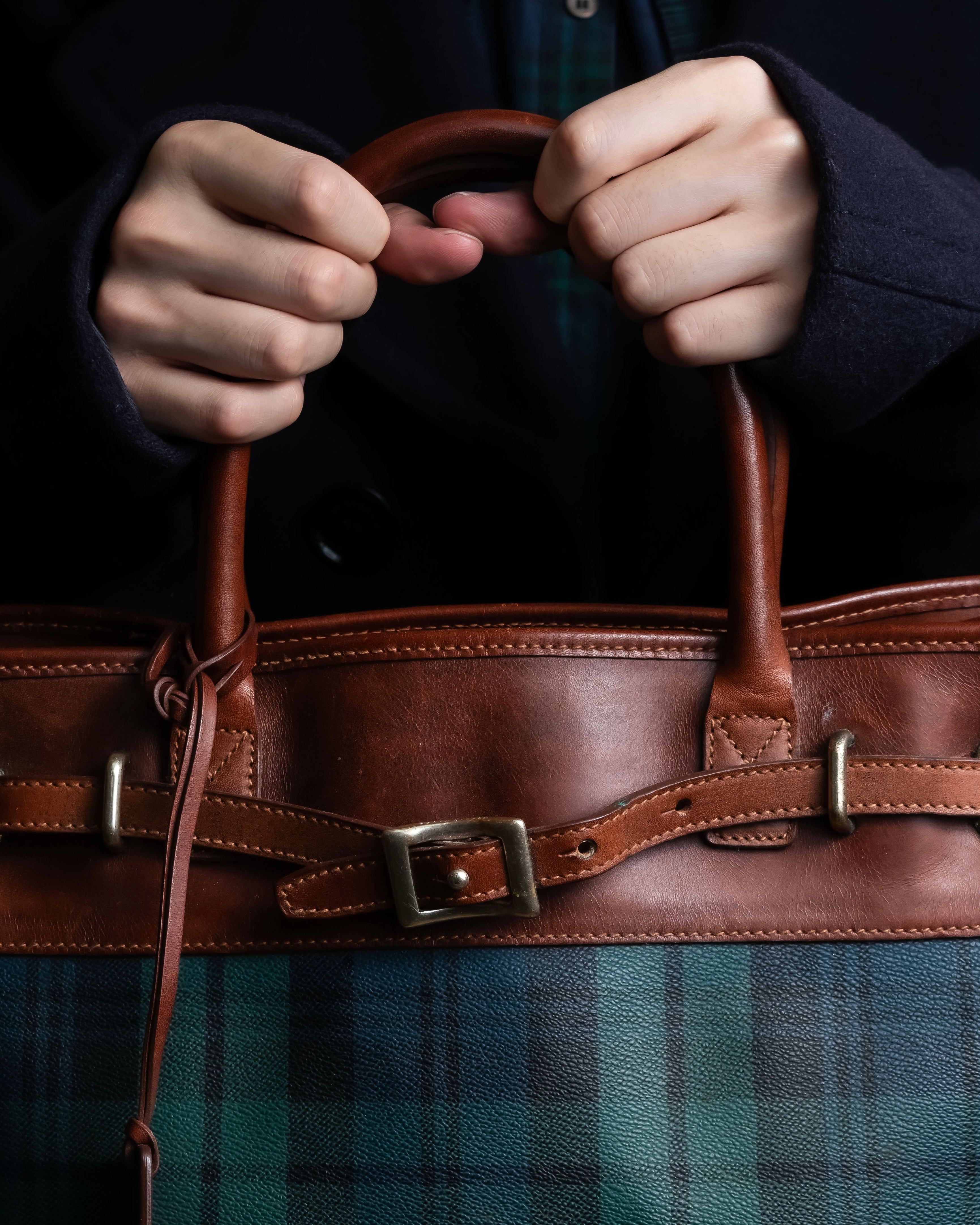 "Ralph Lauren" Blackwatch check canvas leather combination bag