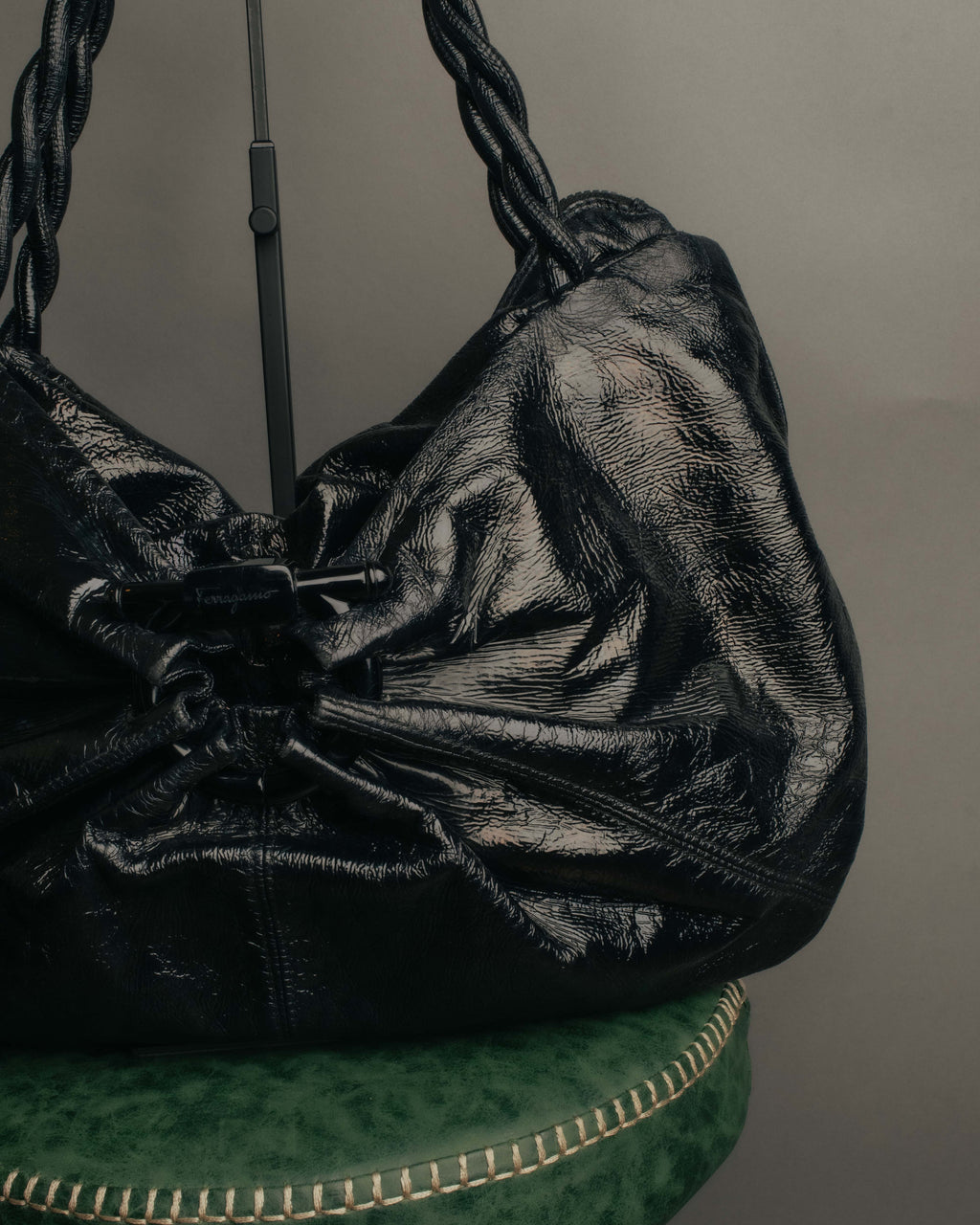 "Salvatore Ferragamo" 00's Vintage crushed patent leather braided handle hobo bag