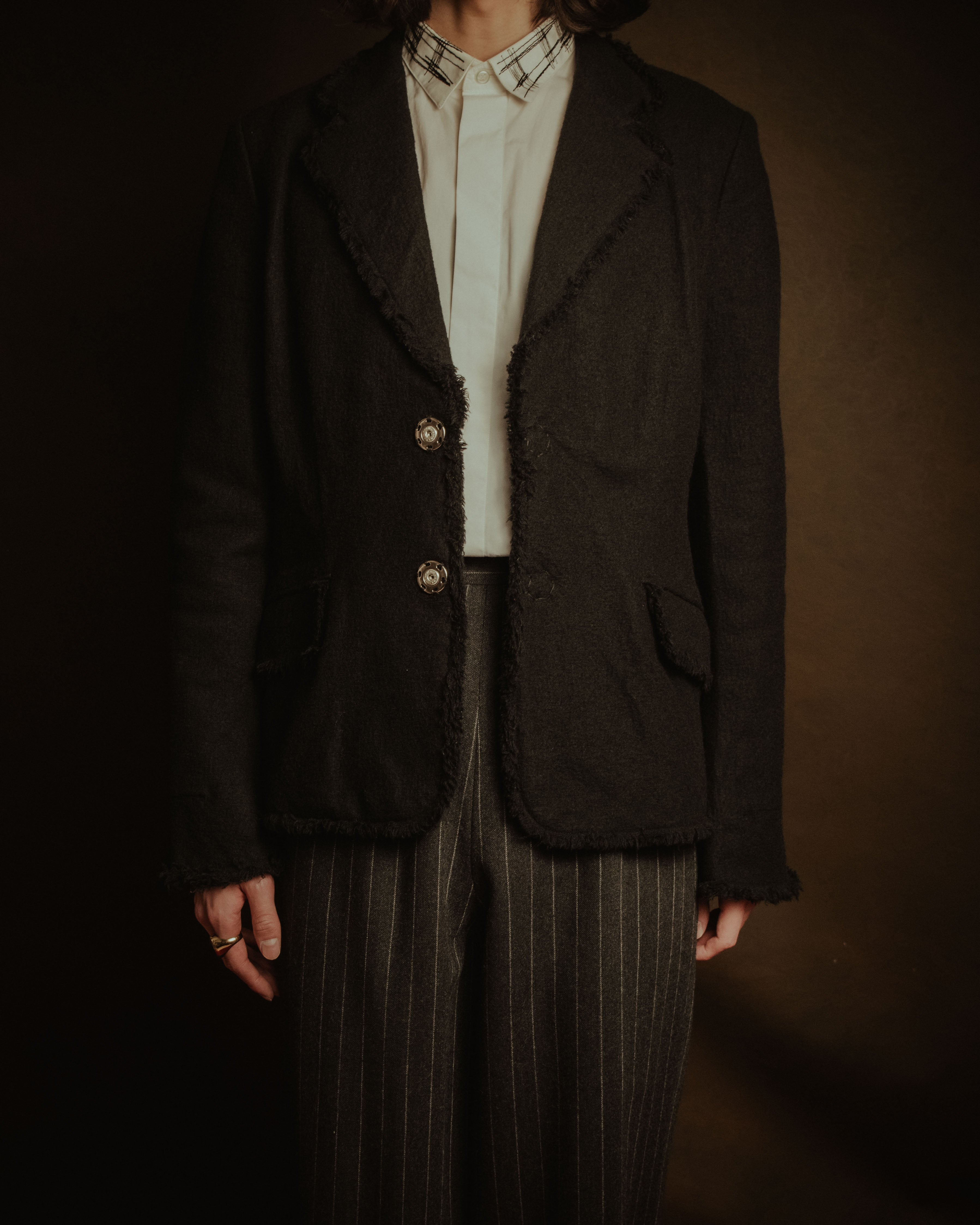 –SPECIAL– "tricot COMME des GARÇONS" 2004AW Fringed cut-off boiled wool tailored jacket