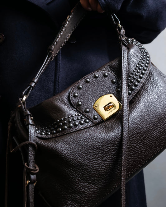 "Sergio Rossi" Stud design horizontal leather 2way shoulder bag