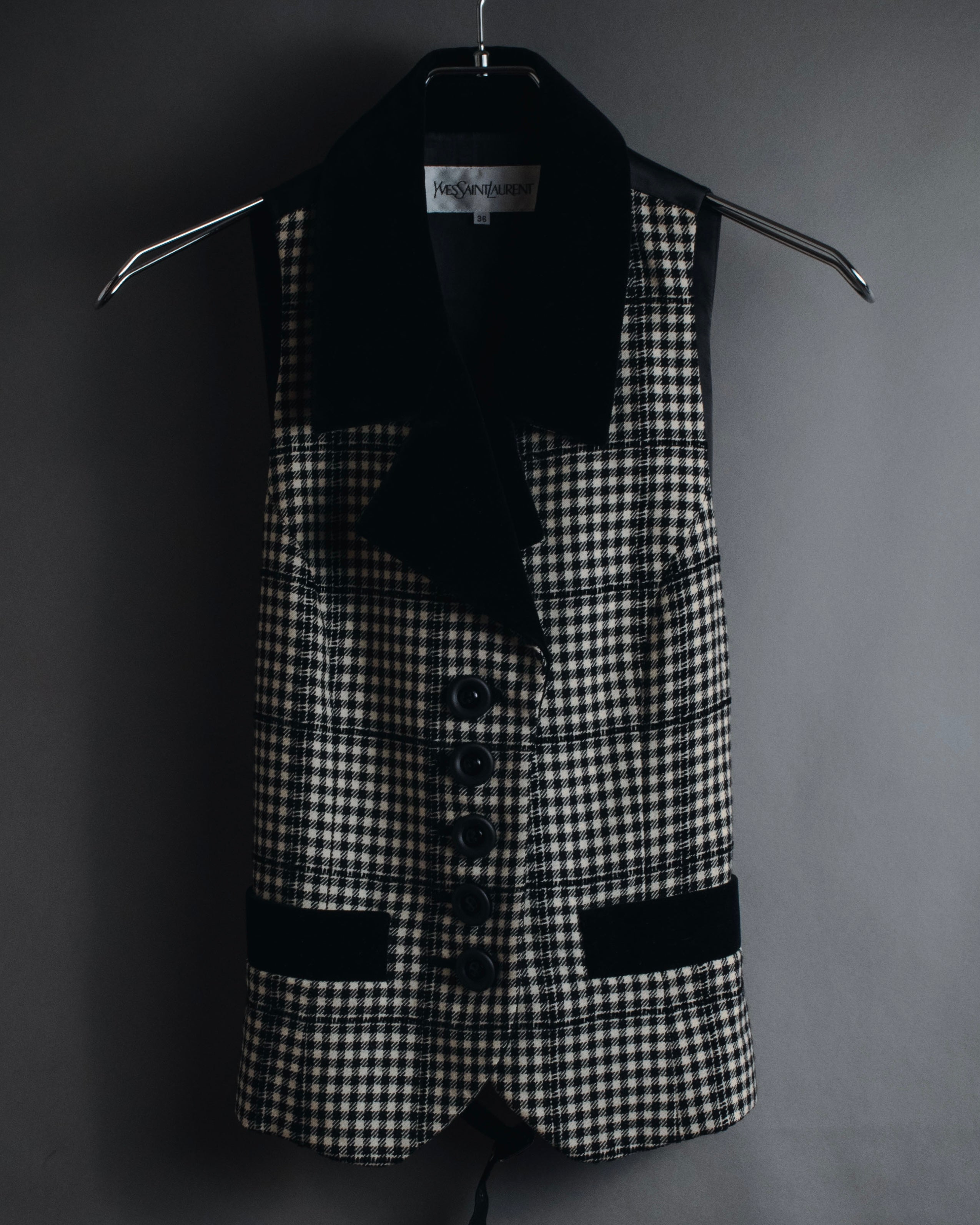 –SPECIALS– "Yves Saint Laurent" 90’s Mid gingham check velvet lapel tailored vest