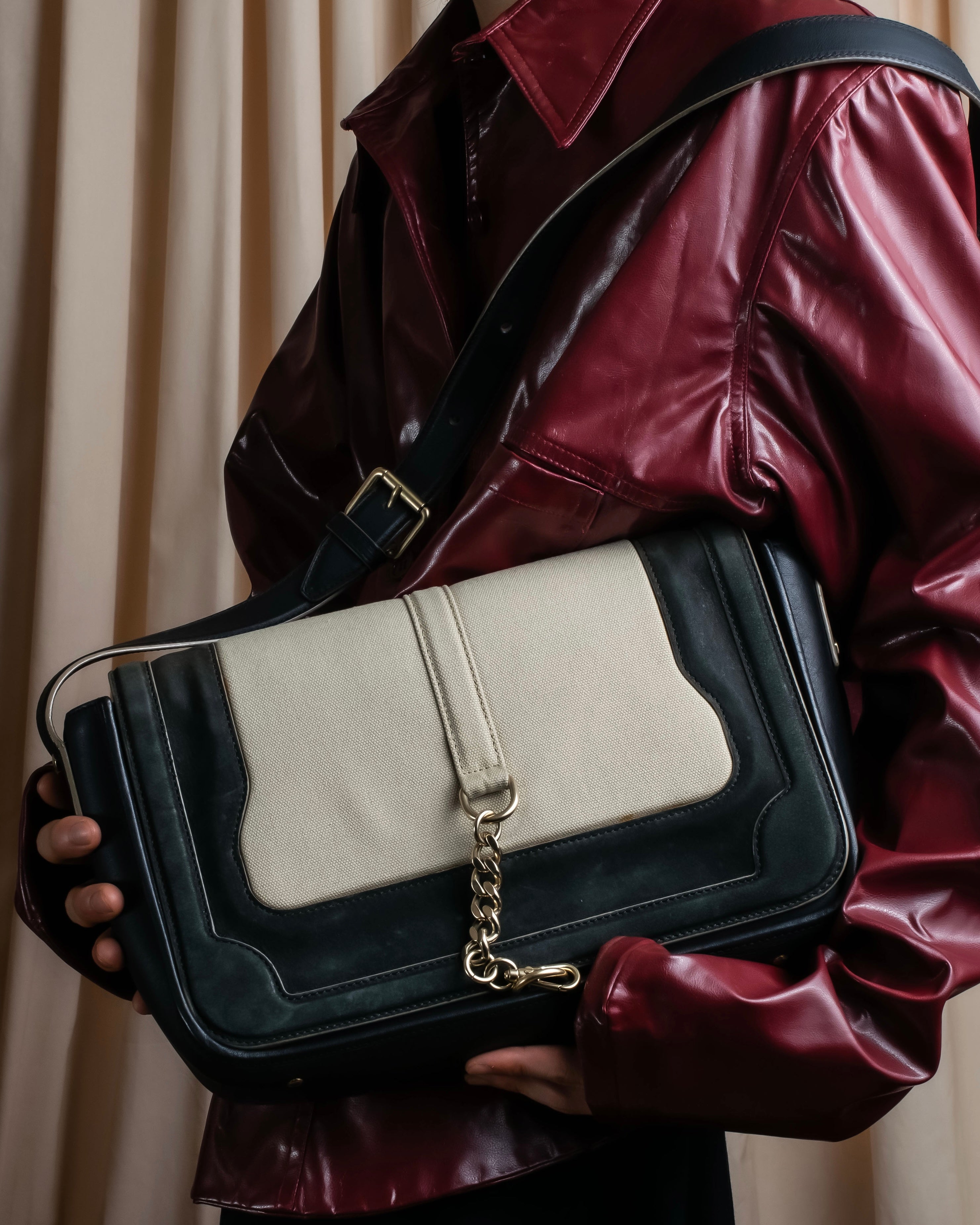 "Chloe" Leather &amp; canvas combination design chain crossbody bag