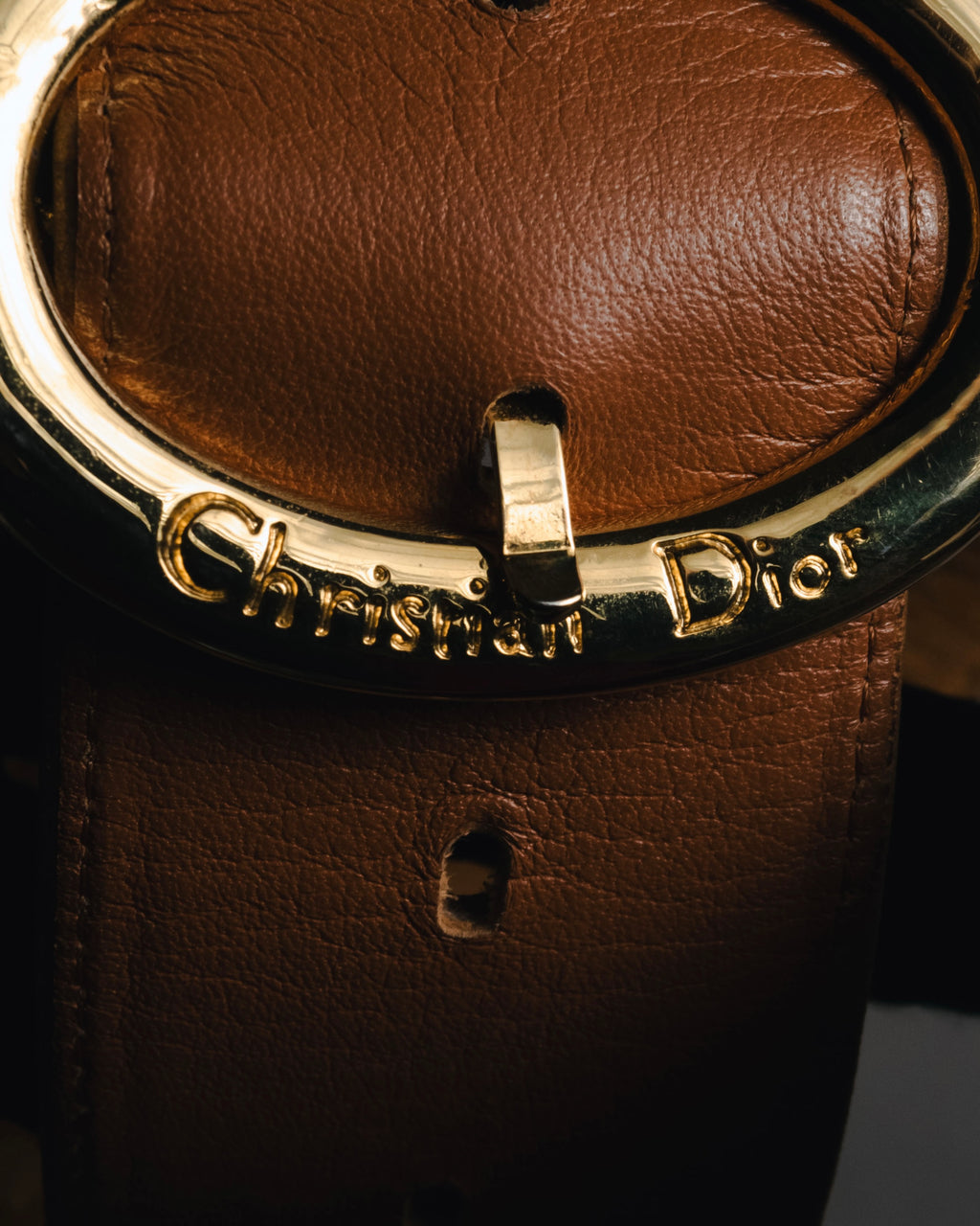 "Christian Dior" 98’s-05’s Wide grained oval logo buckle leather belt