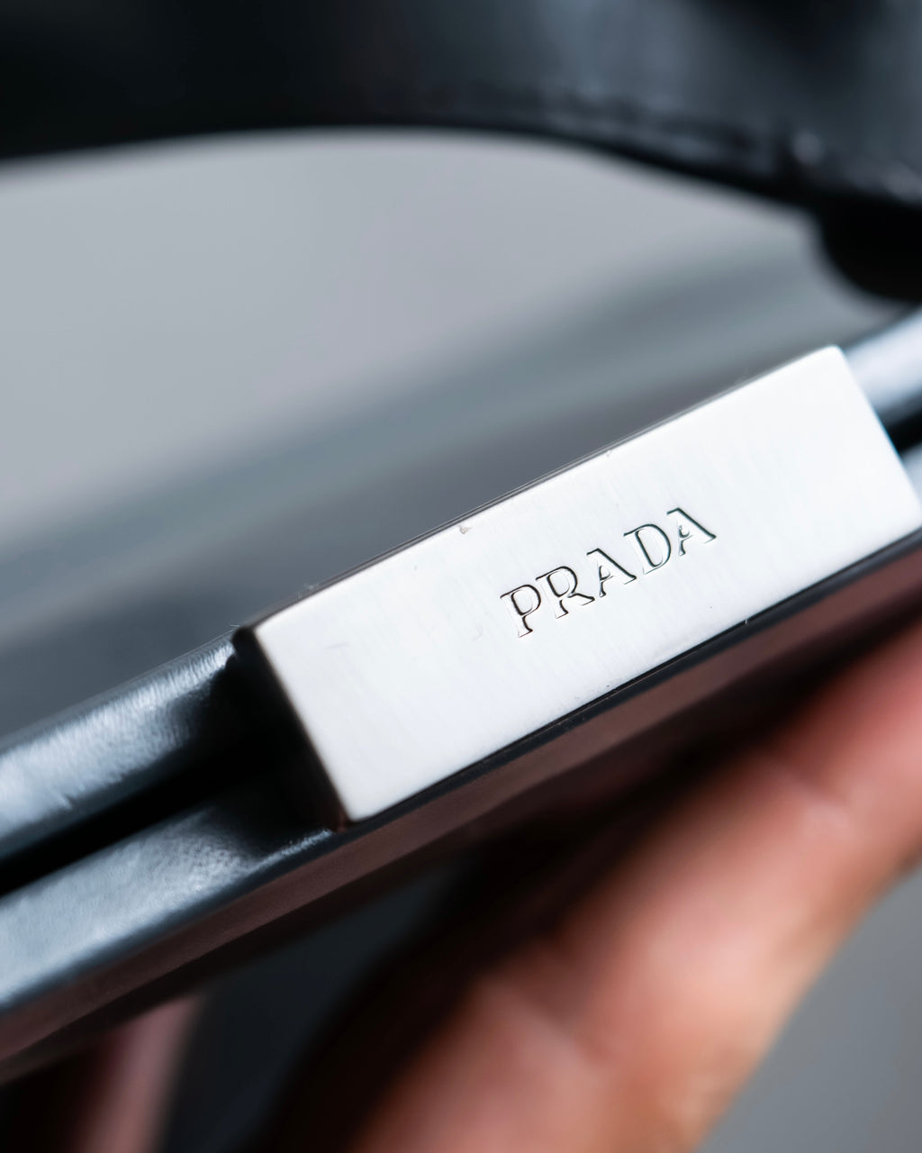 "PRADA" Clasp design grey-blue leather bag