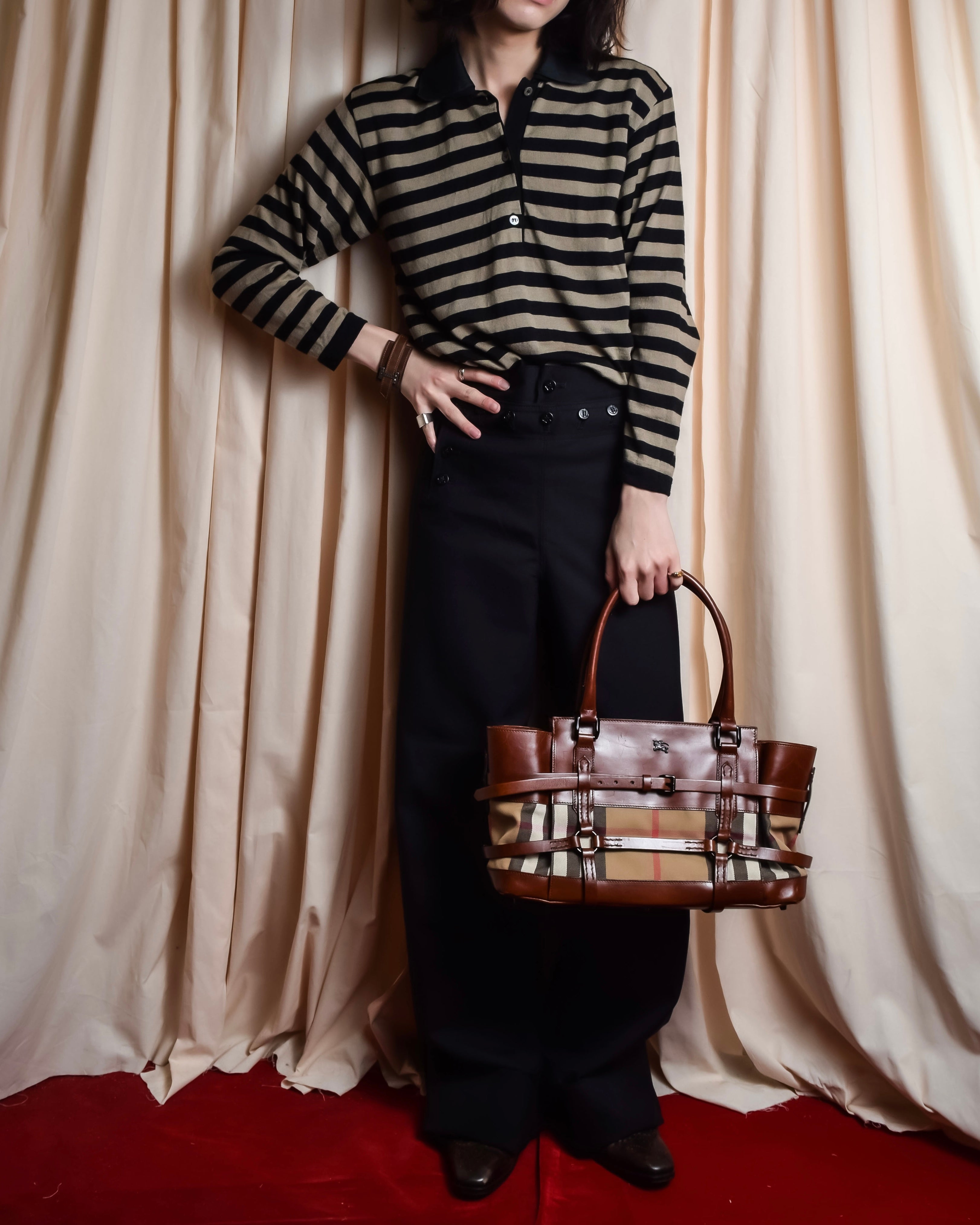 "BURBERRY" Harness detail check canvas leather bag