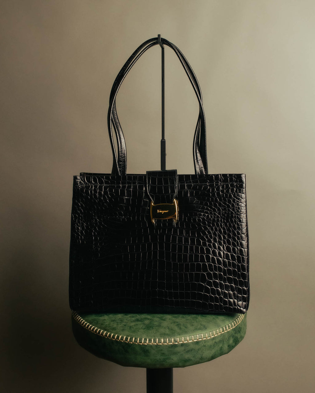 “Salvatore Ferragamo” 90’s-00’s crocodile embossed structured tote bag