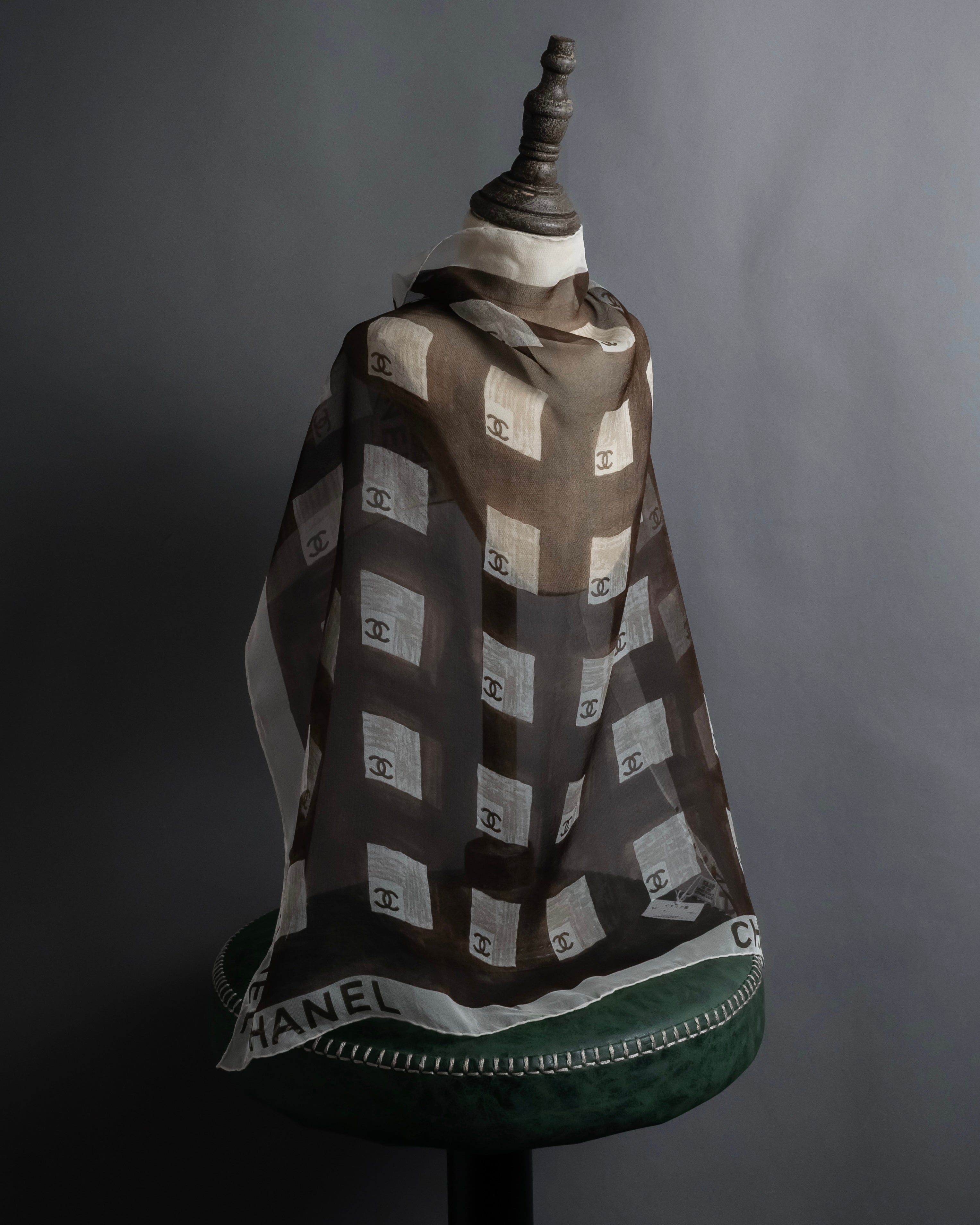 "CHANEL" 90's Square icon logo pattern sheer silk scarf