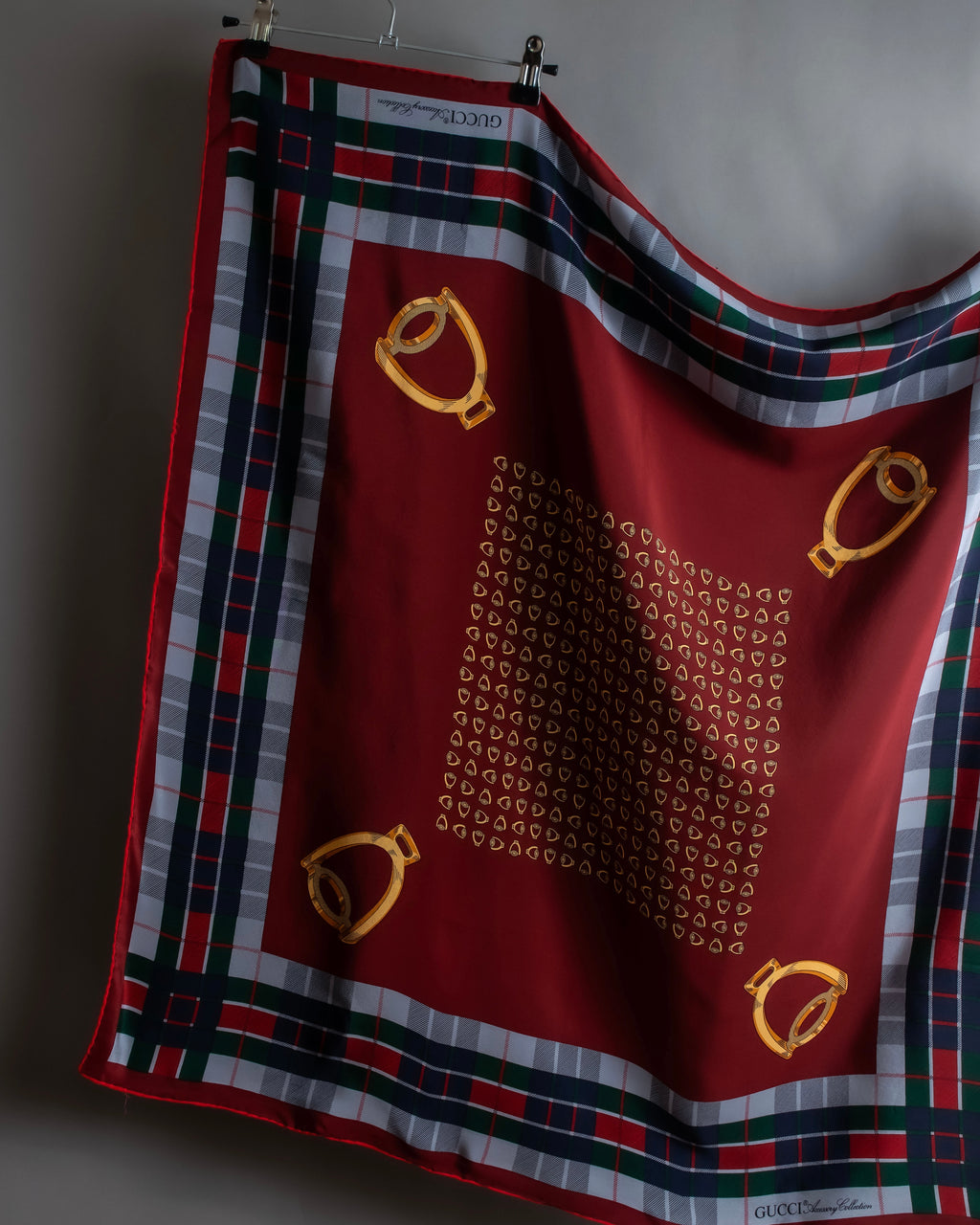 "GUCCI" Saddlery motif tartan silk scarf