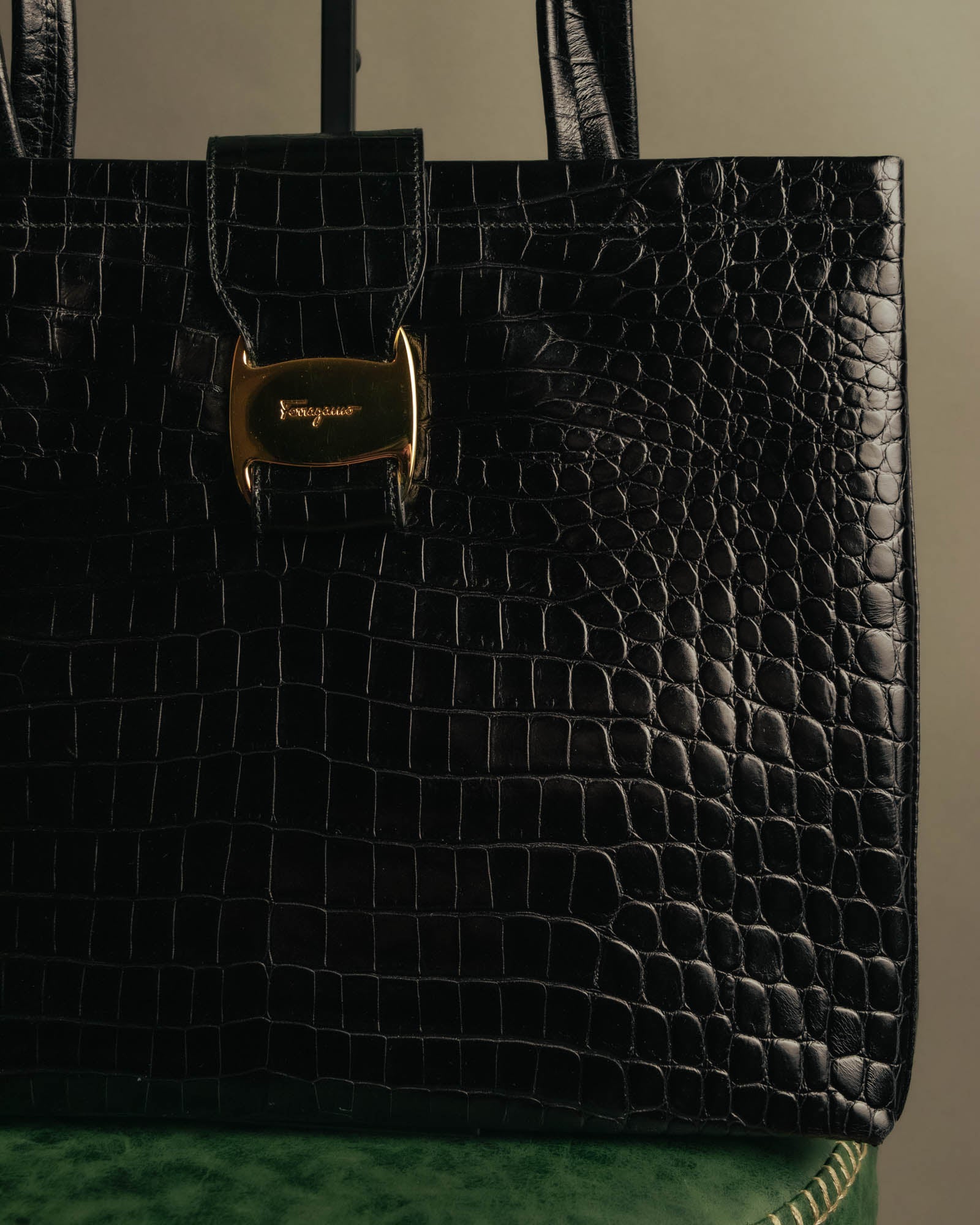 “Salvatore Ferragamo” 90’s-00’s crocodile embossed structured tote bag