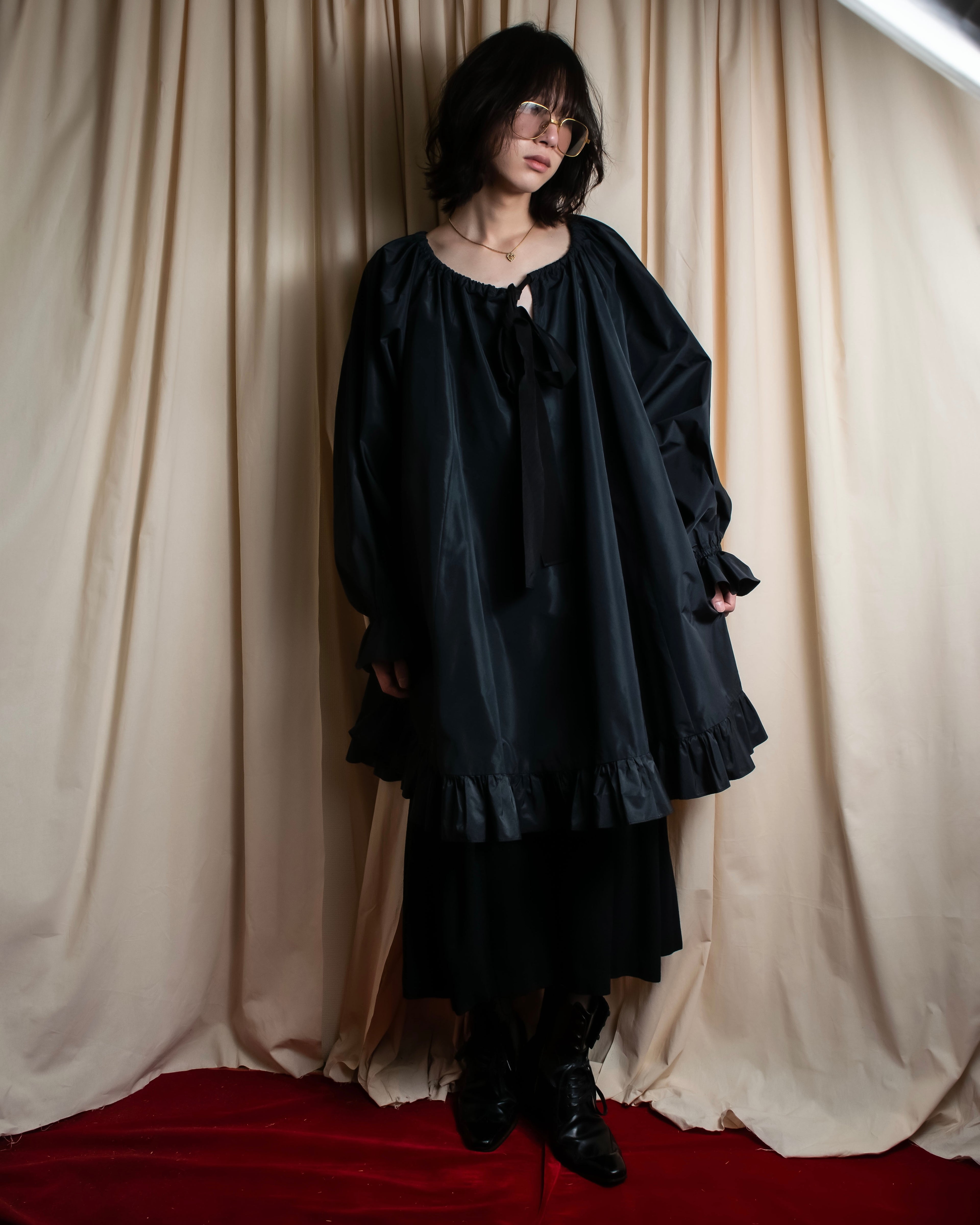 "PATOU" Ribbon shirring design poncho dress