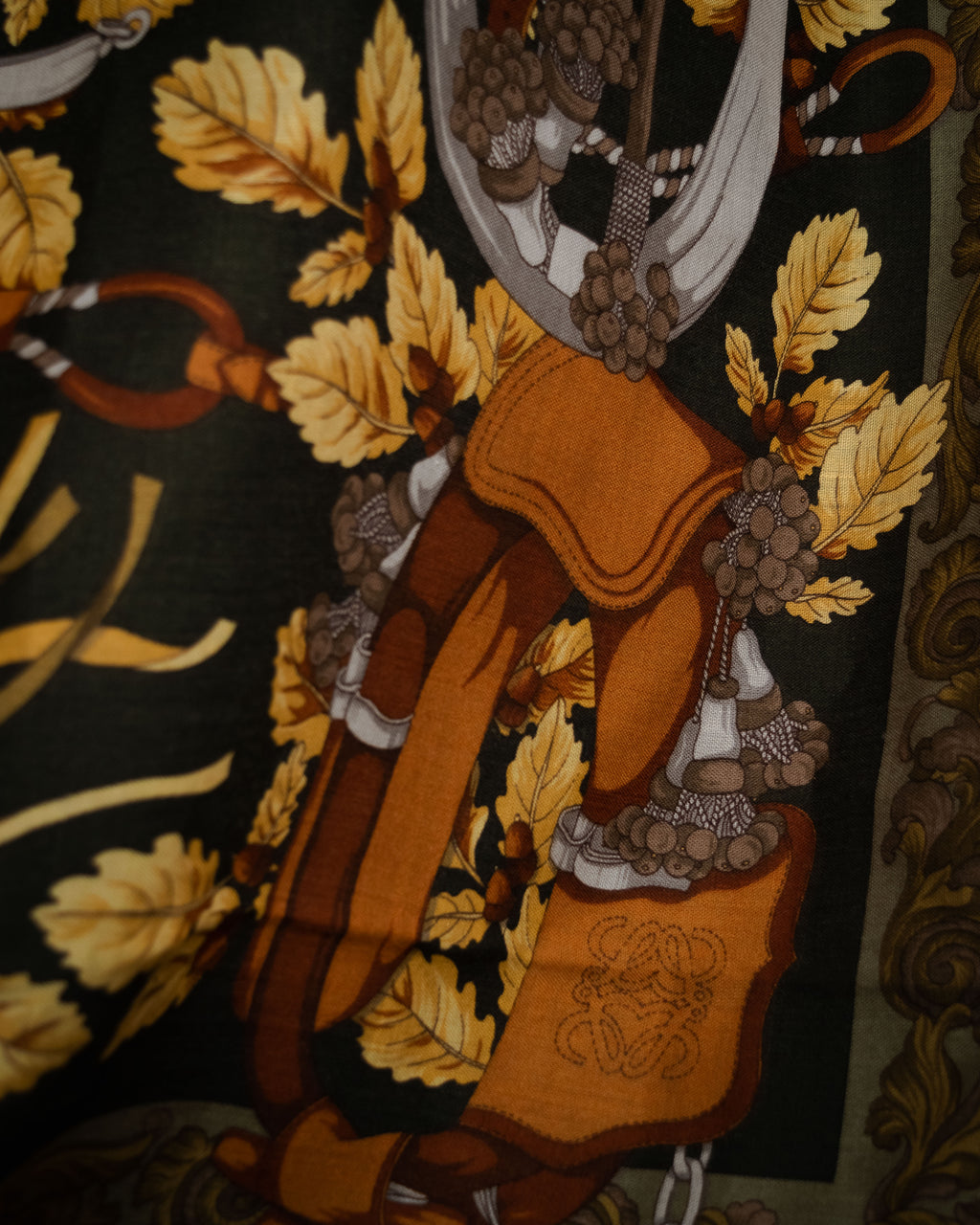“LOEWE” 90’s–00’s Equestrian motif wool silk fringe scarf
