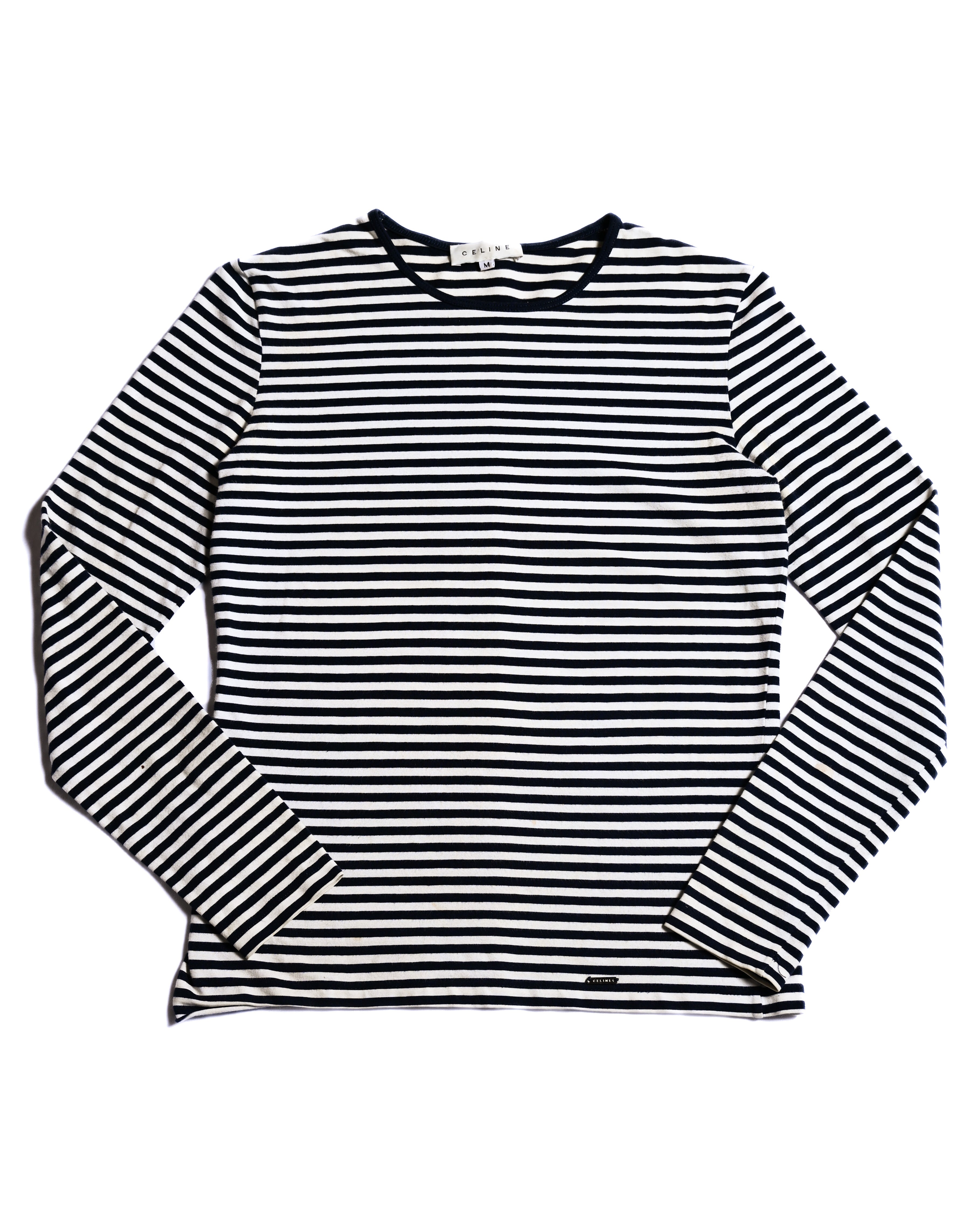 CÉLINE/ Classical Tight Fit Crew Neck Striped Top Navy × White