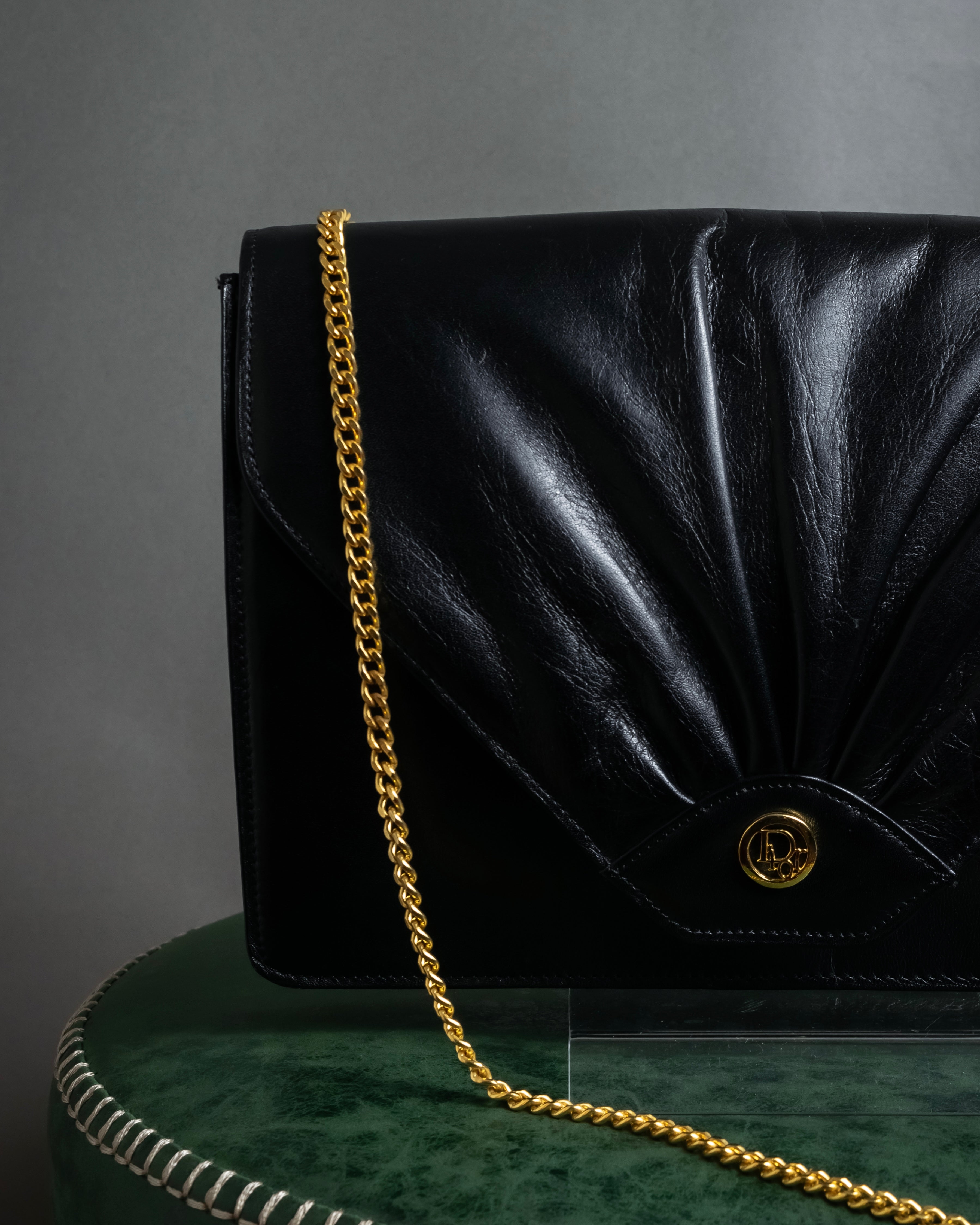 "Christian Dior" 70's-80's Radial drape design gold chain leather shoulder bag
