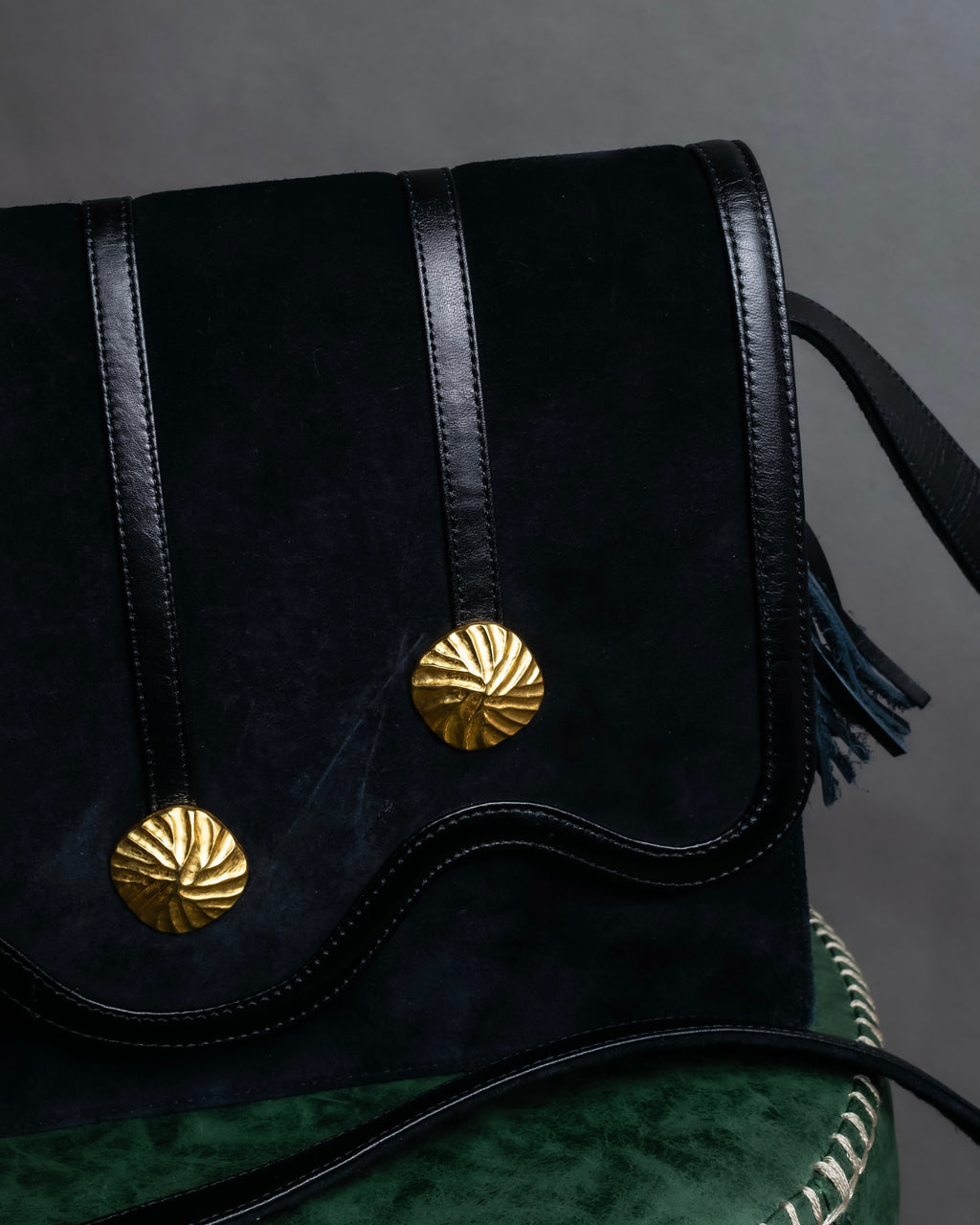 "YVES SAINT LAURENT" Gold medallion motif design suede leather shoulder bag