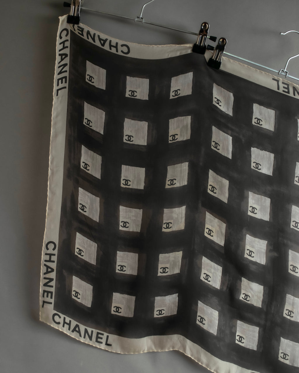 "CHANEL" Coco mark grid pattern silk scarf