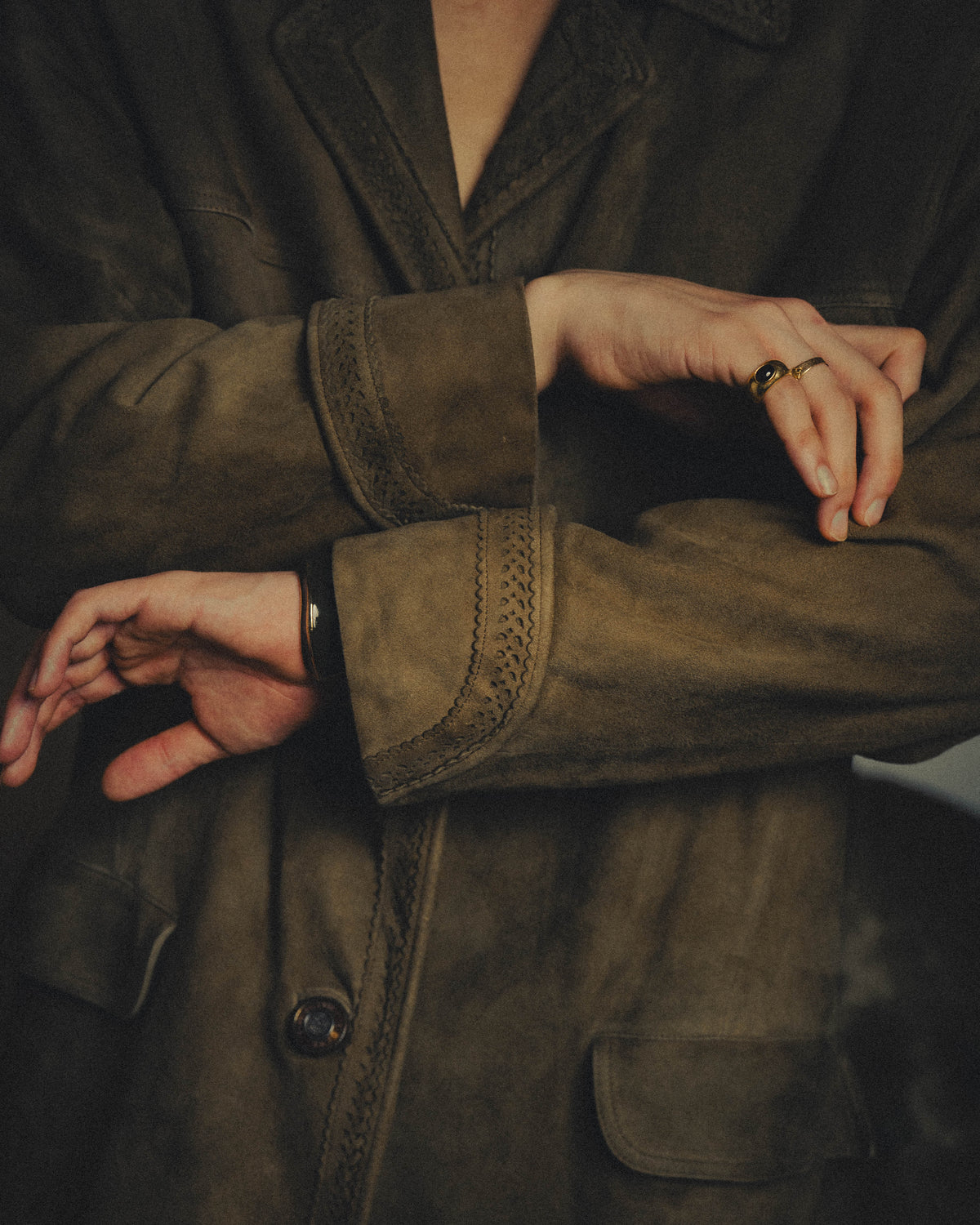 -SPECIAL- “LOEWE” 70’s-80’s Perforated trim suede long jacket