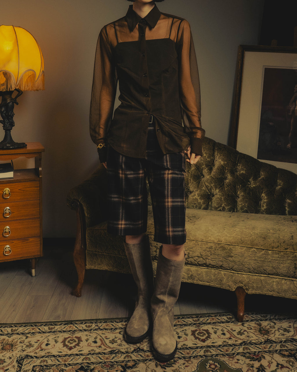 -SPECIAL- “Dries Van Noten” 20’s Sheer brown tailored long sleeve shirt
