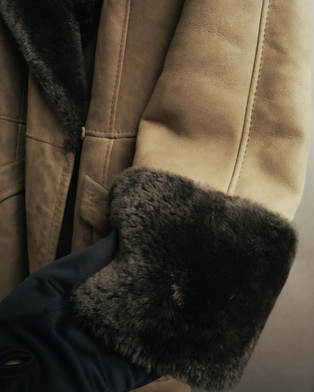 “LOEWE” 70’s-early 90’s Suede shearling belted long coat