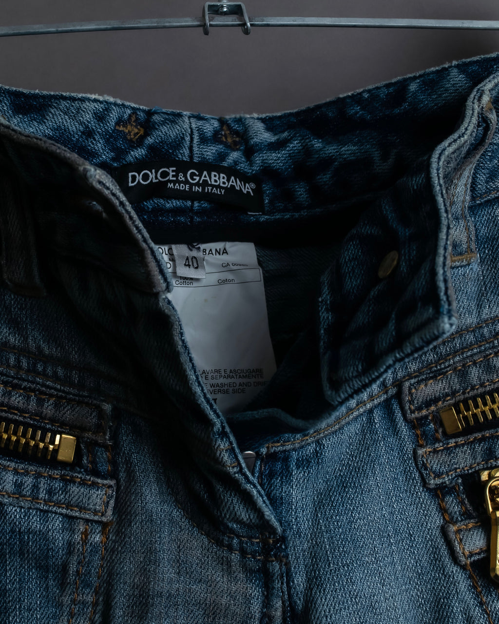 "Dolce & Gabbana" Gold zip detail distressed straight denim
