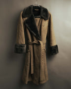“LOEWE” 70’s-early 90’s Suede shearling belted long coat