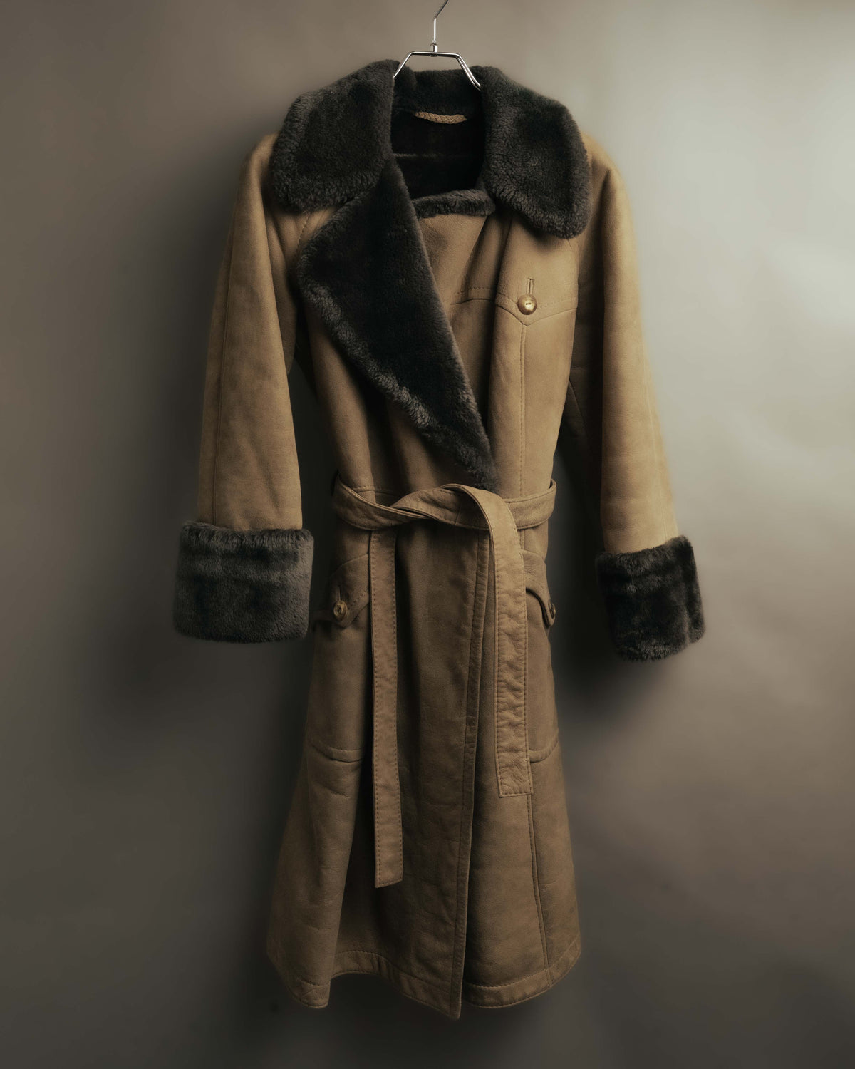 “LOEWE” 70’s-early 90’s Suede shearling belted long coat