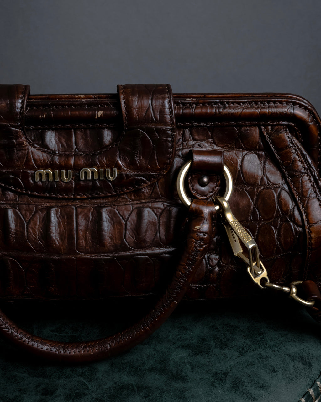 "MIU MIU" Antique design crocodile embossed leather 2way bag