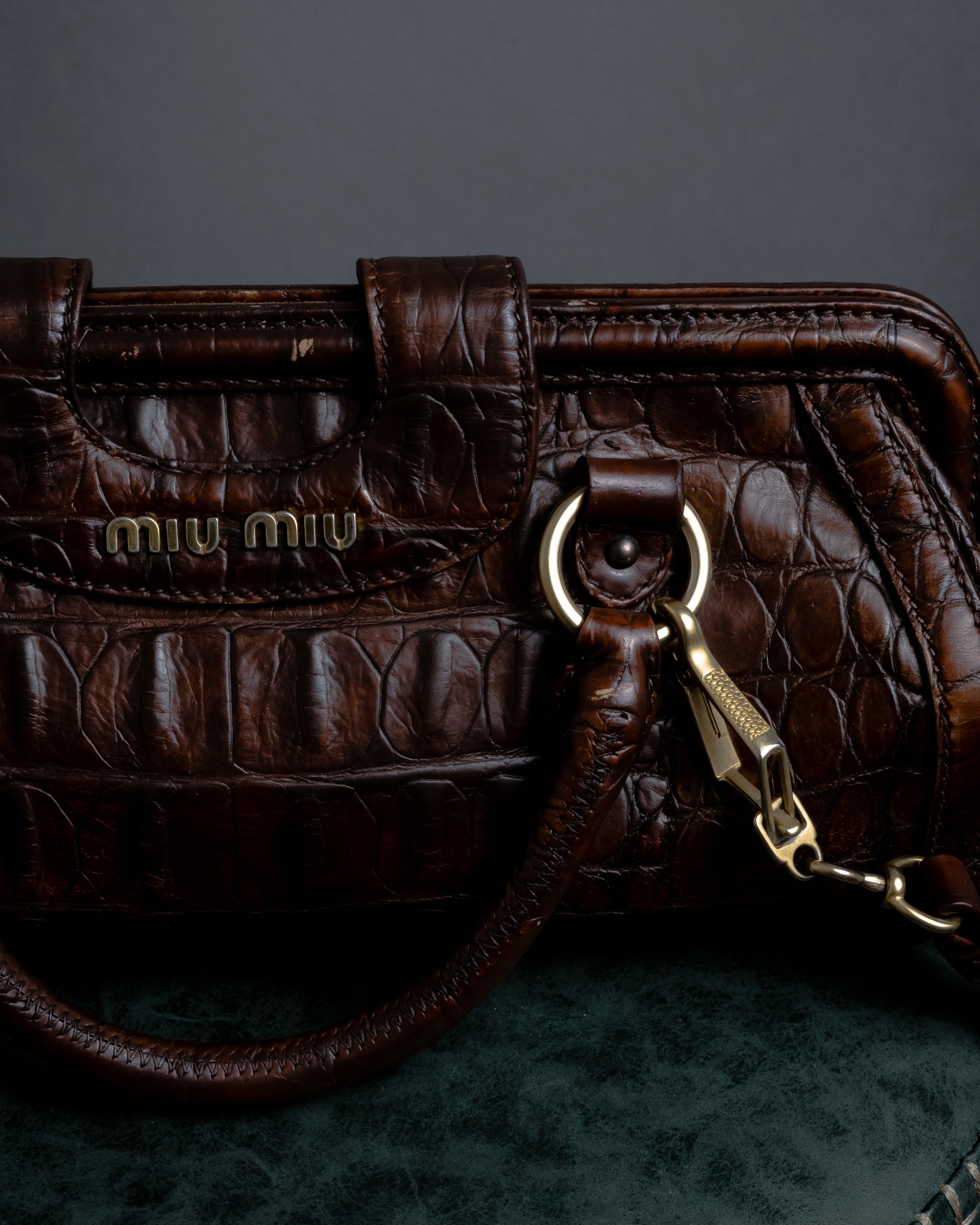 "MIU MIU" Antique design crocodile embossed leather 2way bag
