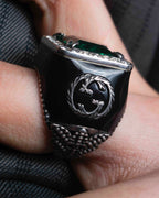 "GUCCI" Emerald color rhinestone GG motif engraved signet ring