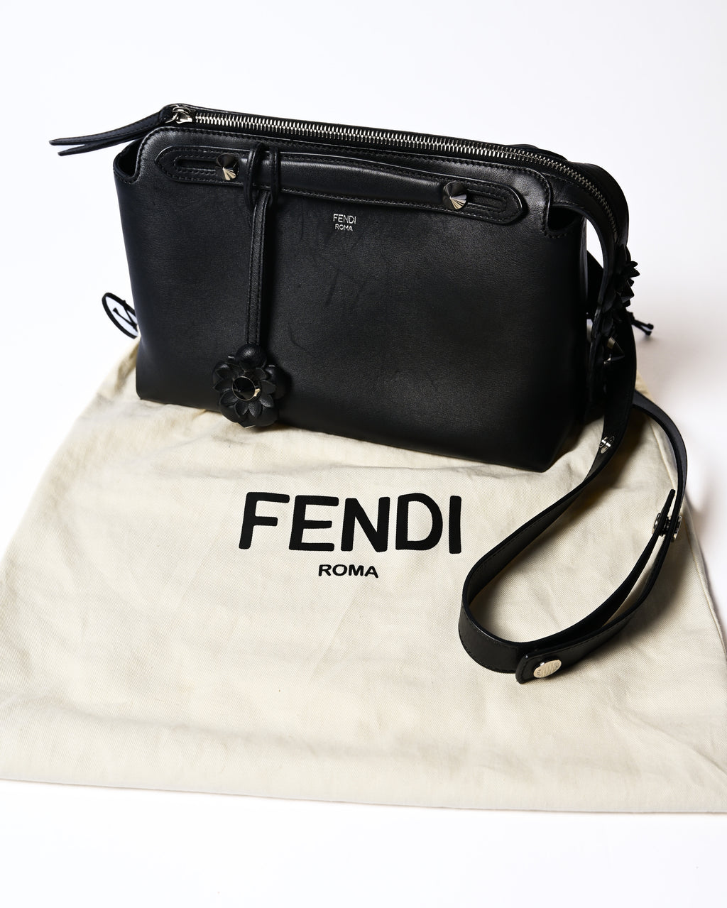 FENDI/ “By The Way Medium” Flower Detailed 2 Way Hand Bag Black