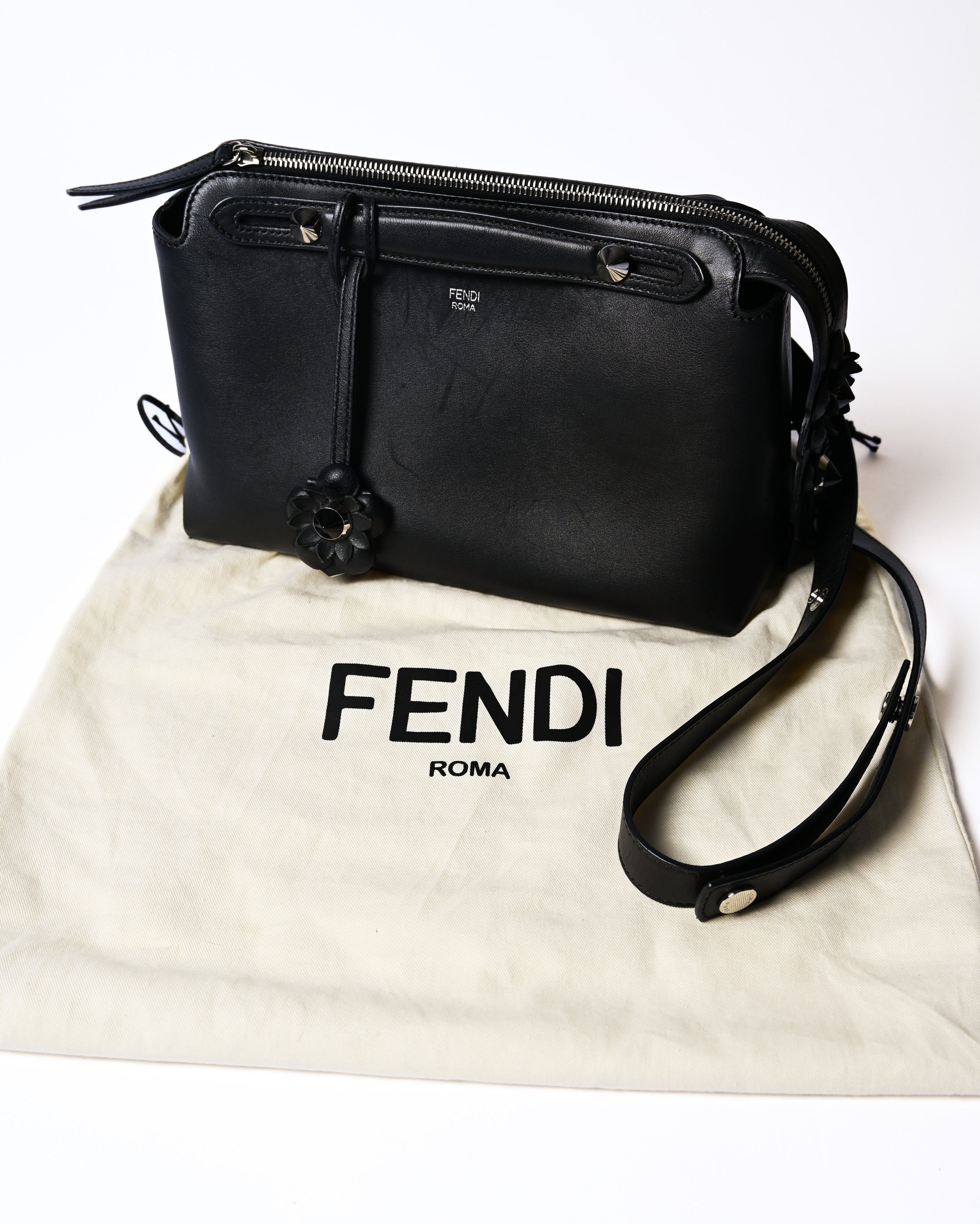 FENDI/ “By The Way Medium” Flower Detailed 2 Way Hand Bag Black