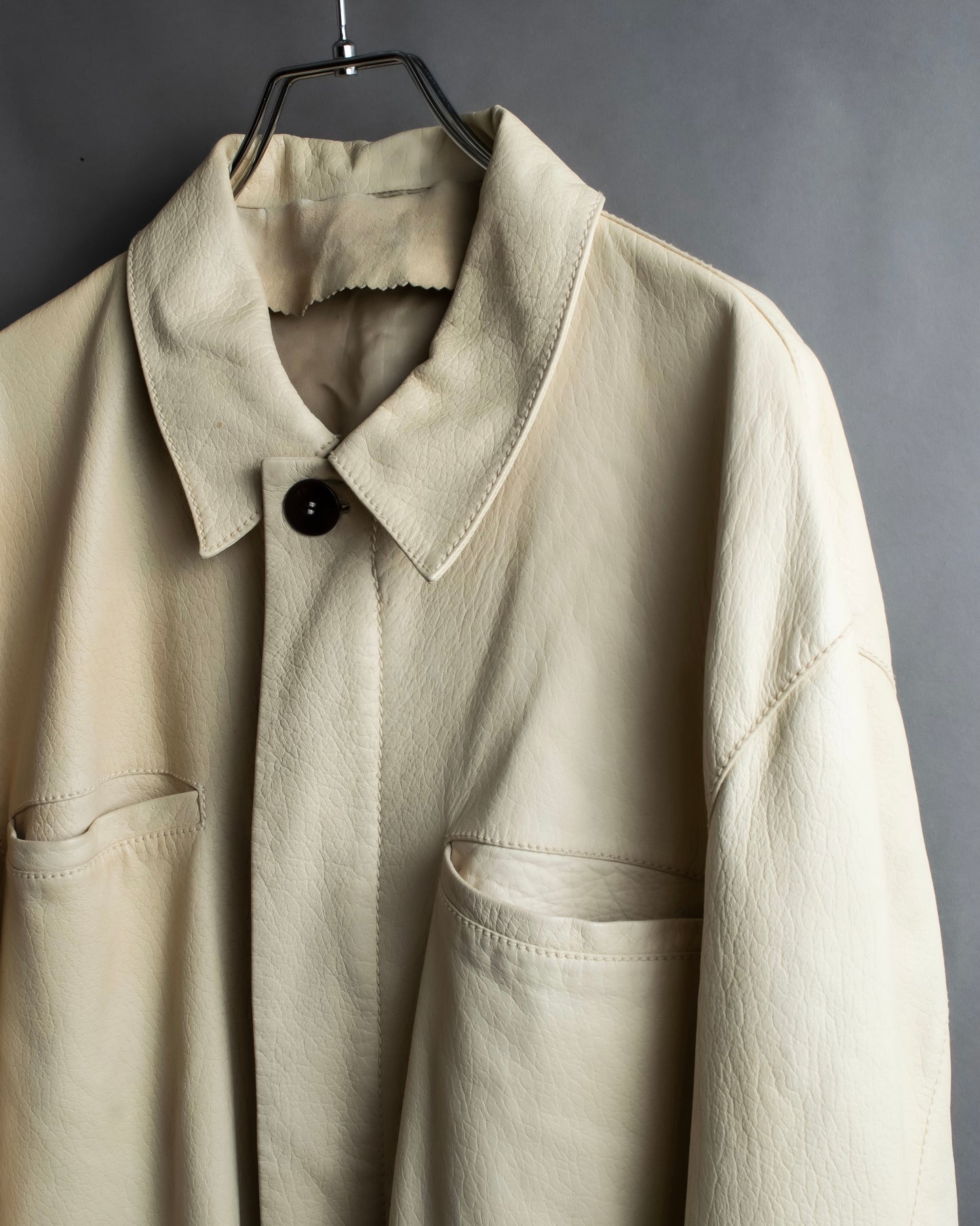 "LOEWE" 100% real leather off white color double zipper mid length coat