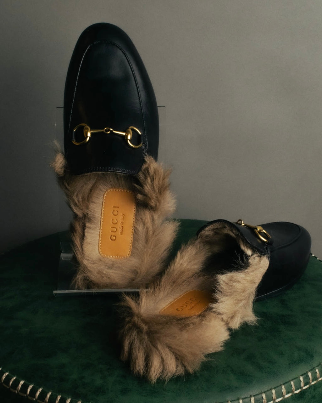 "GUCCI" Fur lined horsebit backless loafer