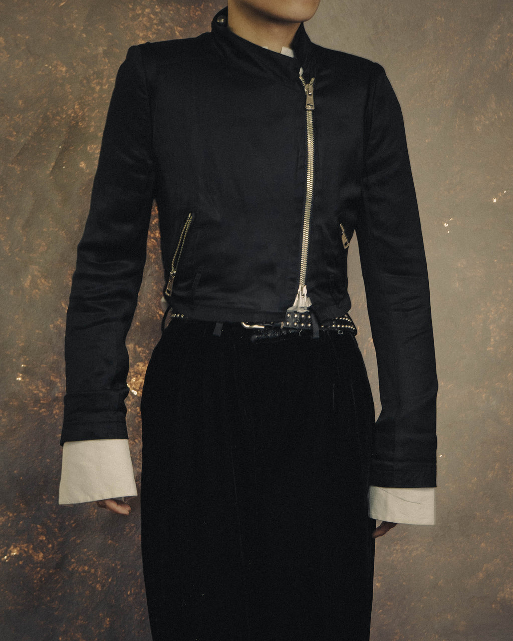 -SPECIAL- “ANN DEMEULEMEESTER” Pre-2012 asymmetric cropped satin biker jacket