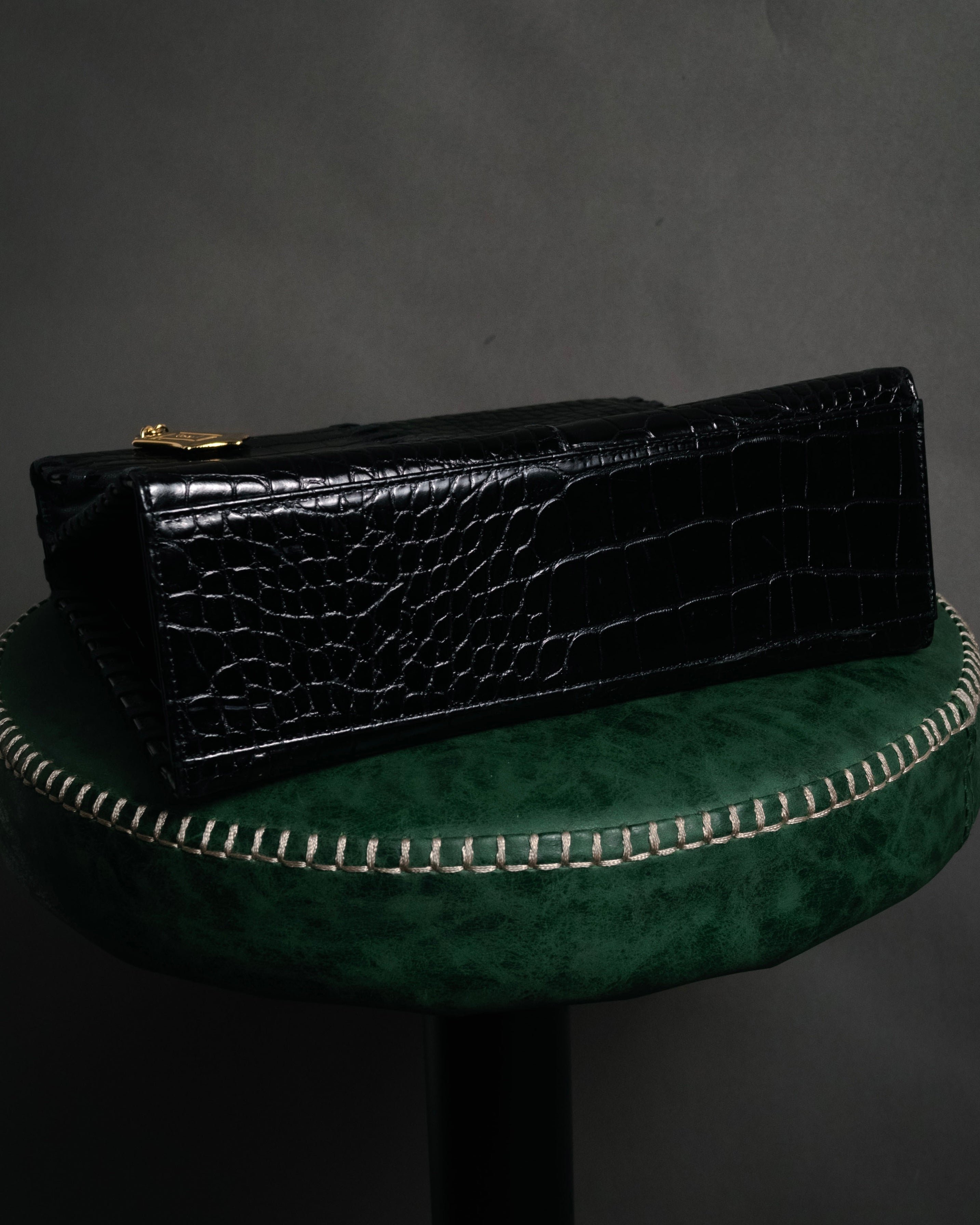 "Yves Saint Laurent" 90’s croc embossed whipstitch trapeze handbag