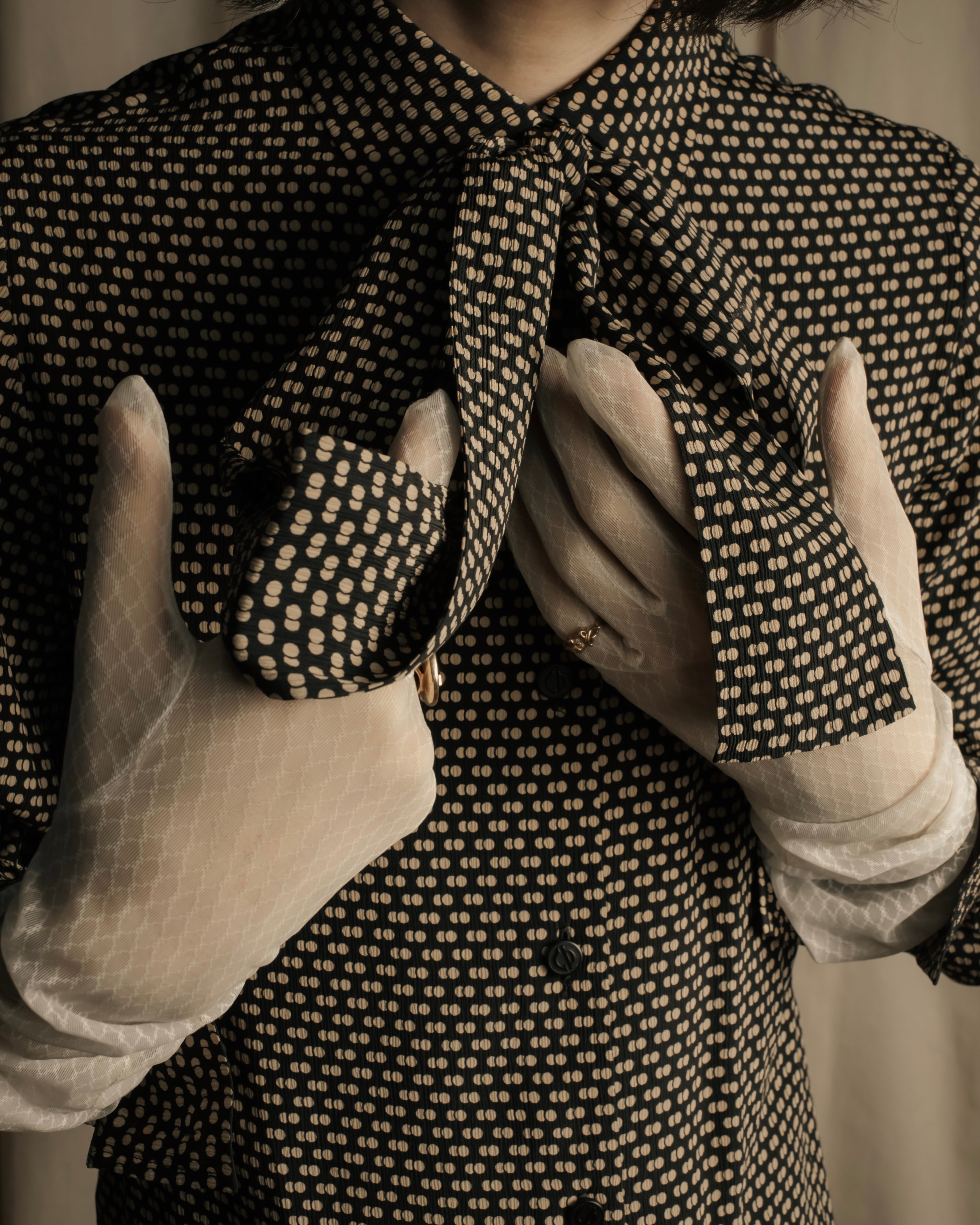 "Christian Dior PRETA PORTER" Ivory polka dot bow tie blouse