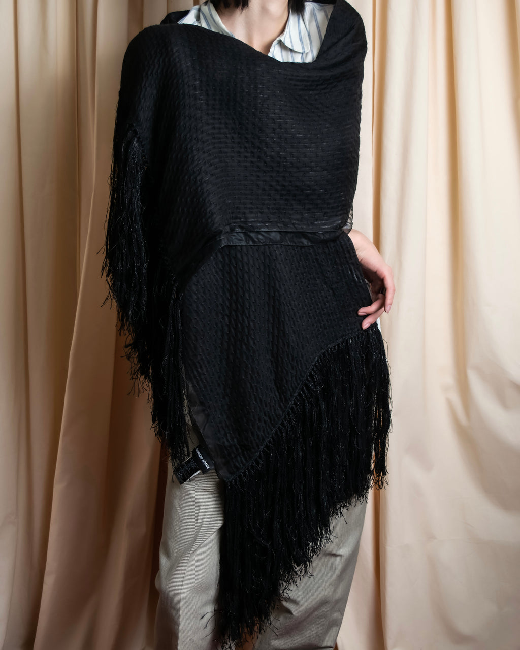 "GIORGIO ARMANI" Waffle low gauge knit fringe design stole
