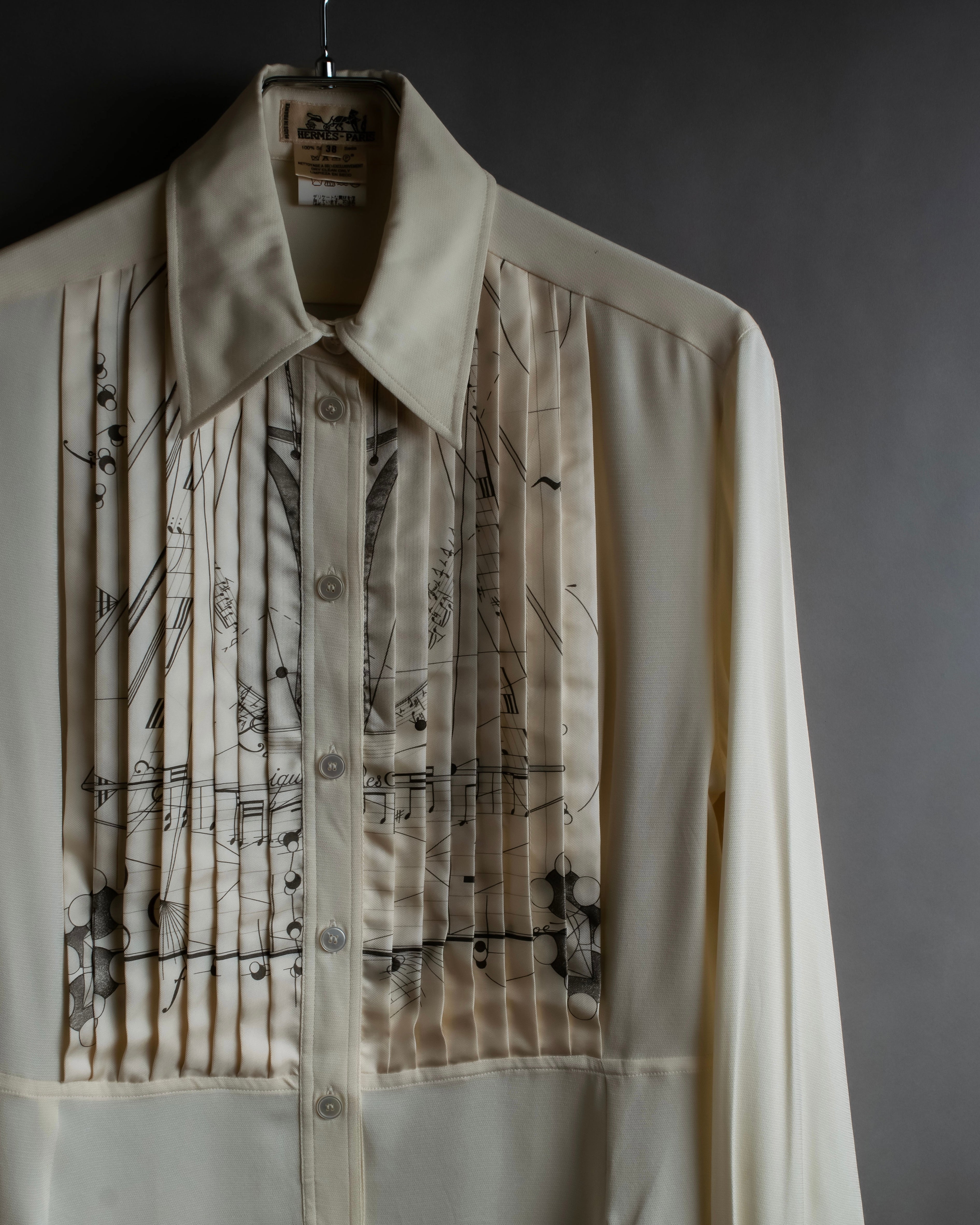 "HERMES" 90's Musical score motif front pleated shirt