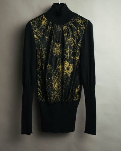"Hermès" 00's Horse sketch print silk-paneled cashmere blend knit sweater