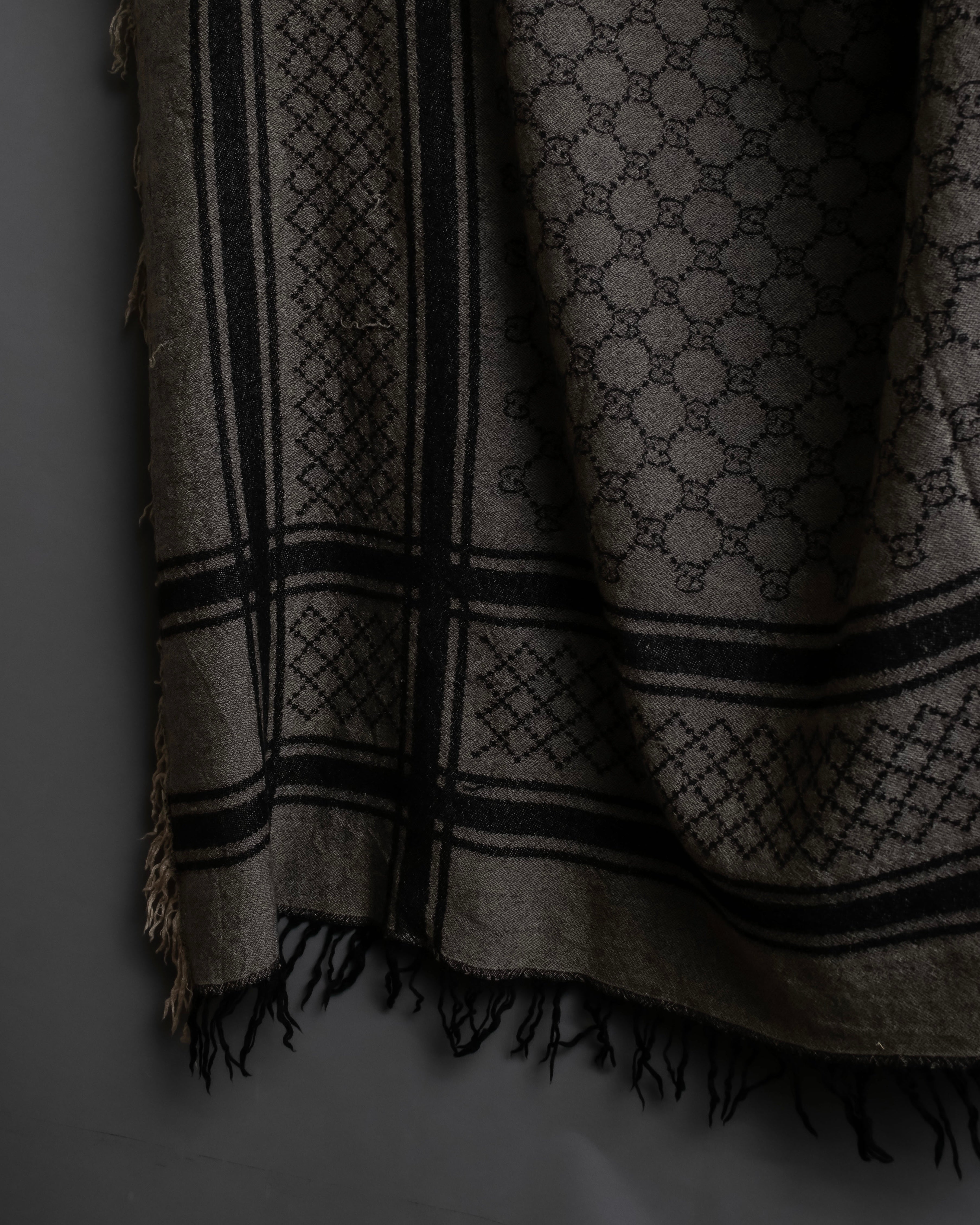 "GUCCI" GG monogram &amp; check pattern fringe large stole