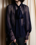 "HERMES" Bowtie detail balloon sleeve sheer pullover