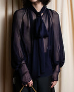 "HERMES" Bowtie detail balloon sleeve sheer pullover