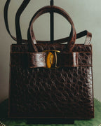 “Salvatore Ferragamo” 00’s-10’s Crocodile embossed vara bow 2way handbag