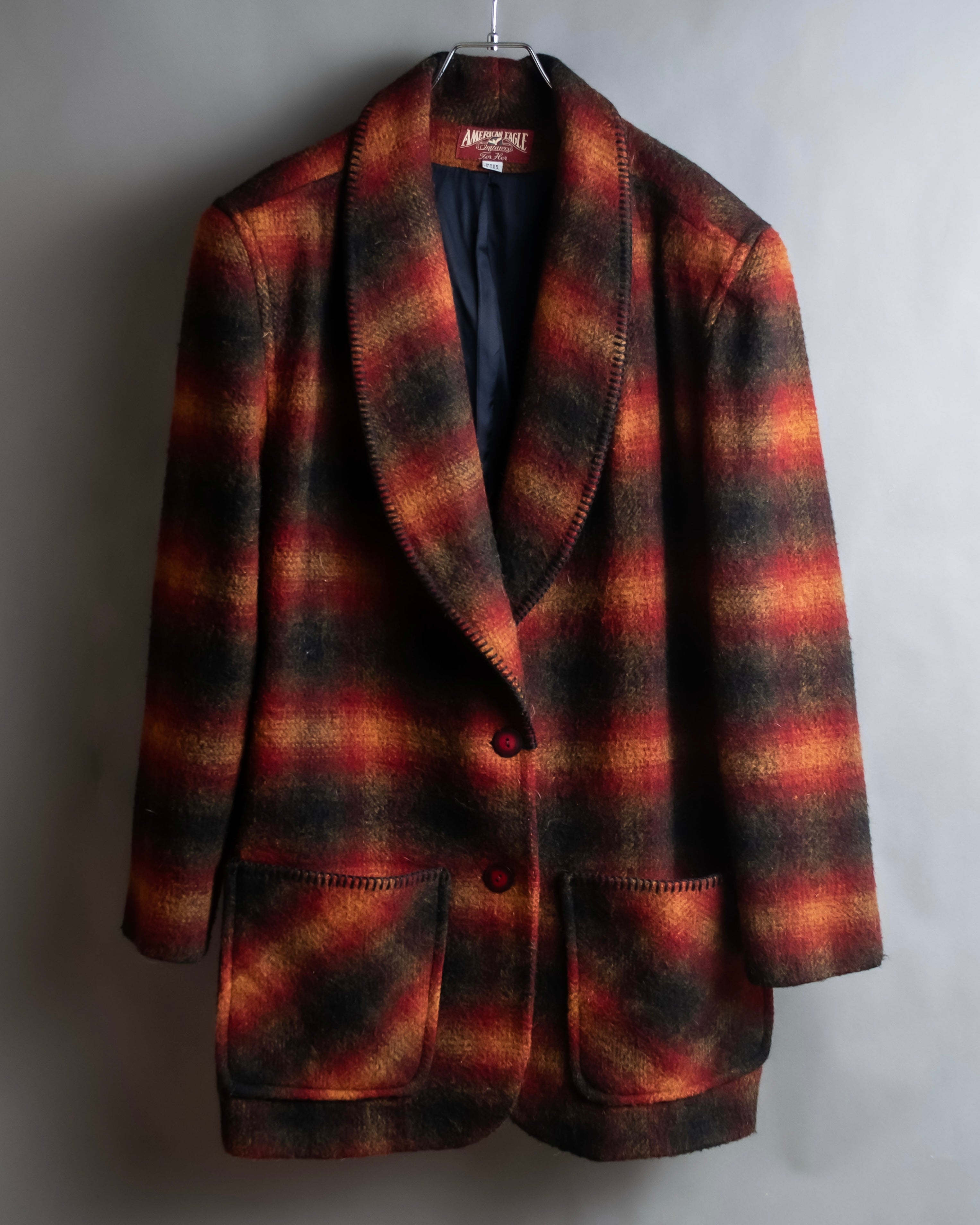 "American Eagle" Warm-colored check pattern shawl collar jacket