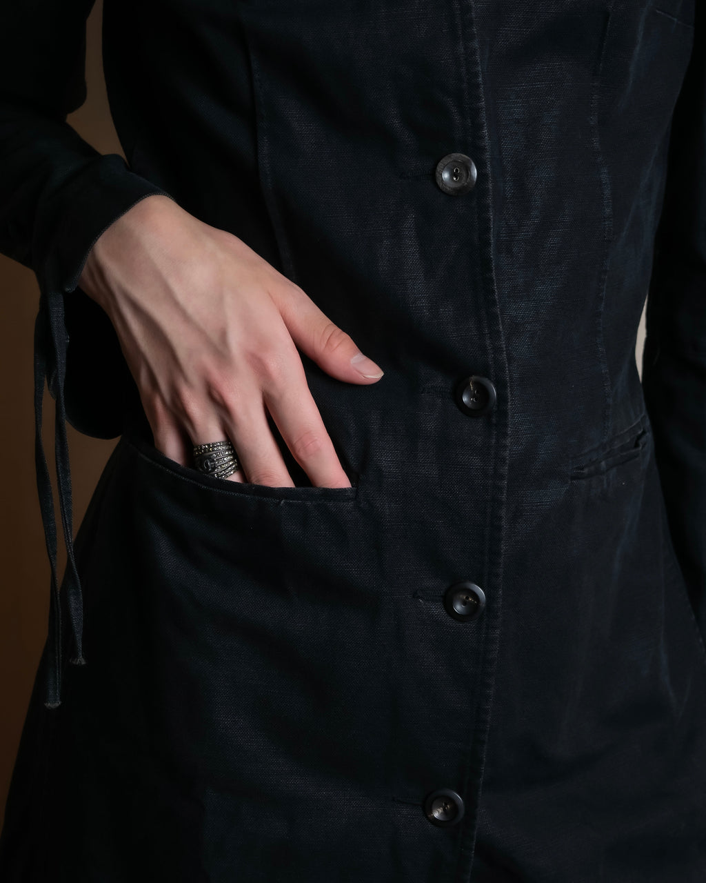 "vanessa bruno" Lace fringe design drawstring cotton linen shirt dress